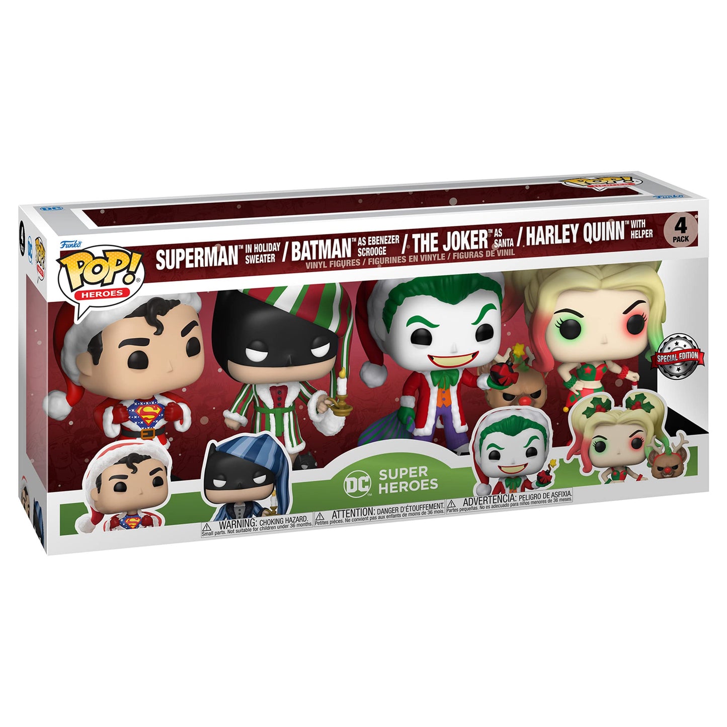 Funko Pop! Dc Comics Christmas 4 Pack Special Edition Exclusive Vinyl Figures - Superman In Holiday Sweater, Batman As Ebenezer Scrooge, The Joker As Santa, Harley Quinn With Helper