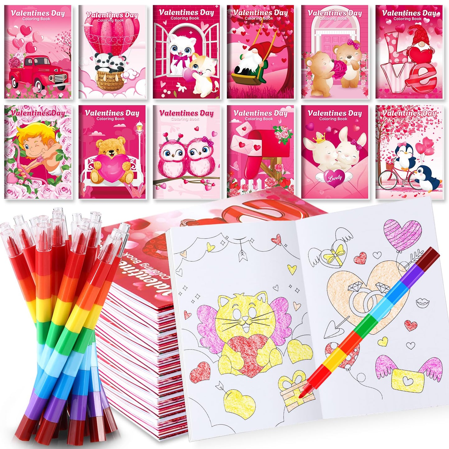 BenLouis 12 Valentines Day Mini Coloring Books Kids with 12 Stacking Crayons Valentines Day Party Favors Small Activity Books B