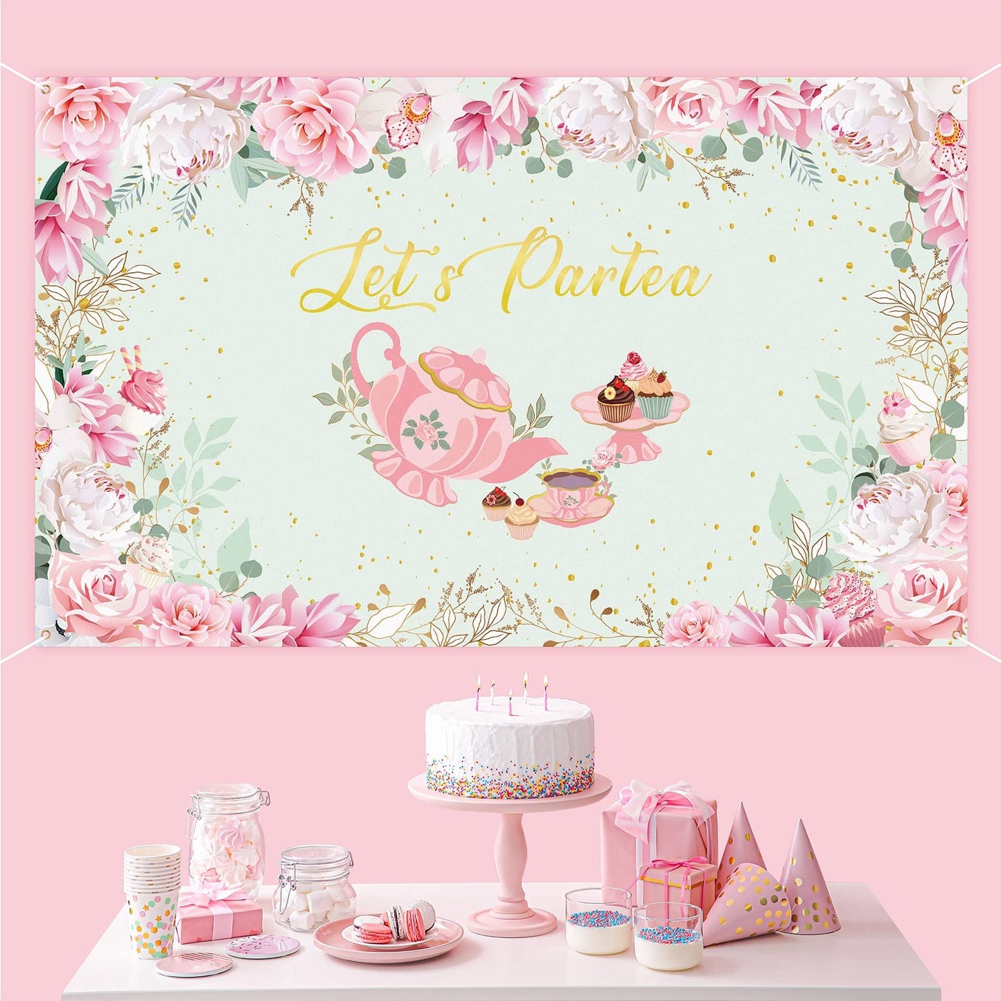 Tegeme Let'S Partea Party Backdrop Tea Party Banner Decorations Background For Baby Shower Birthday Party Photo Prop(Light Green