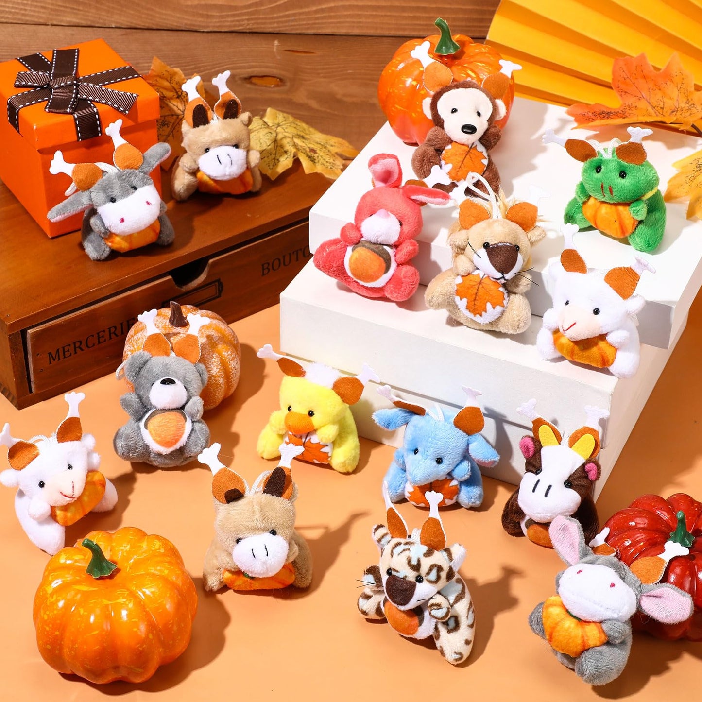 Blueweenly 24 Pcs Mini Thanksgiving Stuffed Animal Bulk Fall Small Plush Stuffed Animal Toy With Pumpkin Autumn Plush Keychain Decorations Tiny Thanksgiving Plush Doll For Party Favor Bag Filler