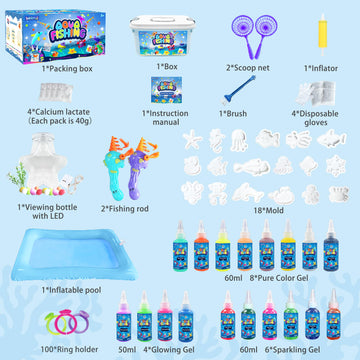 BEIREG Aqua Water Fairy Gel Kit, Magic Squishy Elf Water Toy Kit with 18 Color Gel, 18 Shape Molds, 2 Fishing Toy, Create Squish