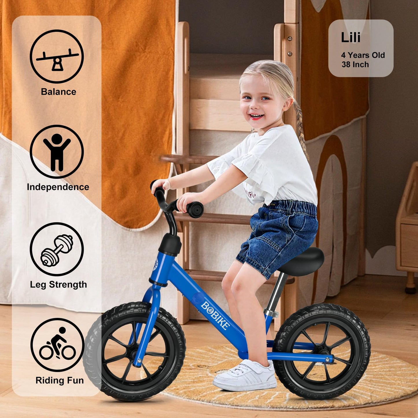 Bobike Toddler Balance Bike Toys For 2 To 5 Year Old Girls Boys Adjustable Seat And Handlebar No-Pedal Training Bike Best Gifts For Kids (Blue)