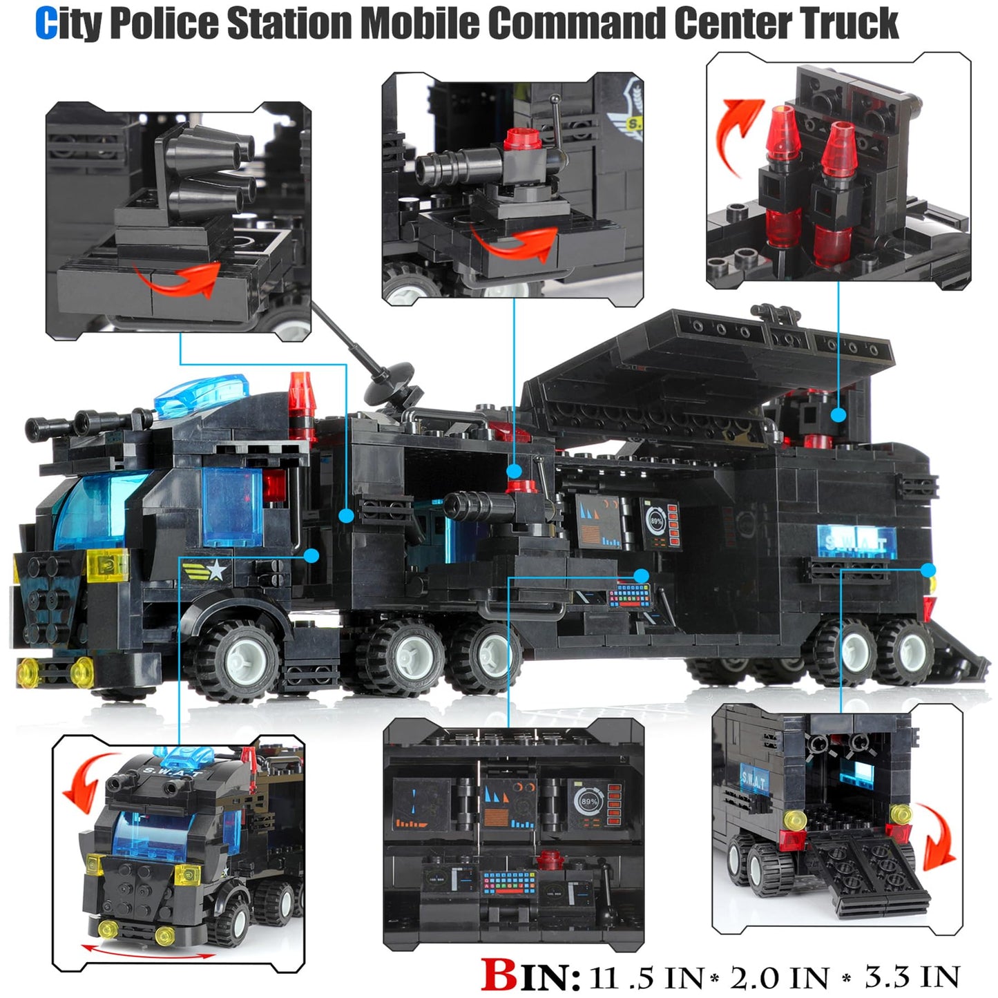1110 Pcs Swat City Police Station Mobile Command Center Truck Car Building Blocks Set In 25 Different Models Police Cars, Helico