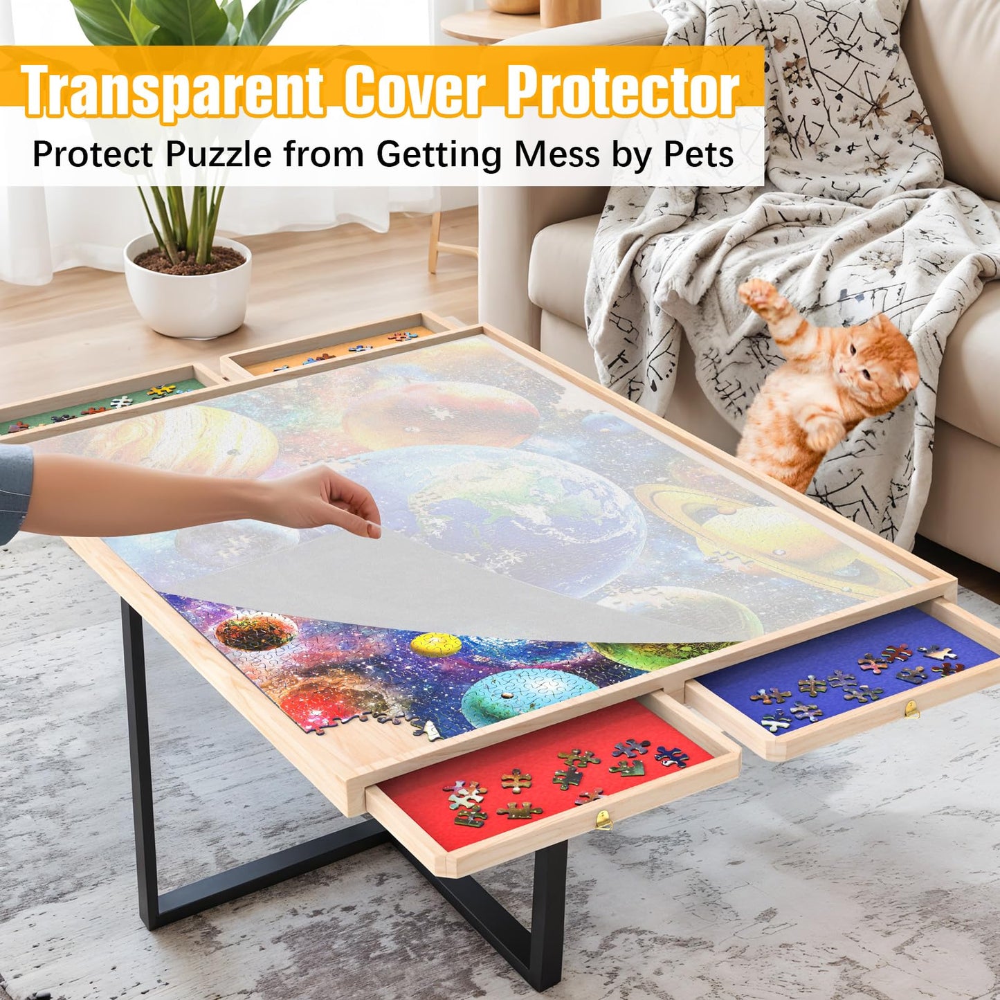 Puzzle Board with Drawers Rotatable 360-Degree Wheels and Cover 30'' x 22'' 1000 Piece Wooden Jigsaw Puzzle Table Storage Organi