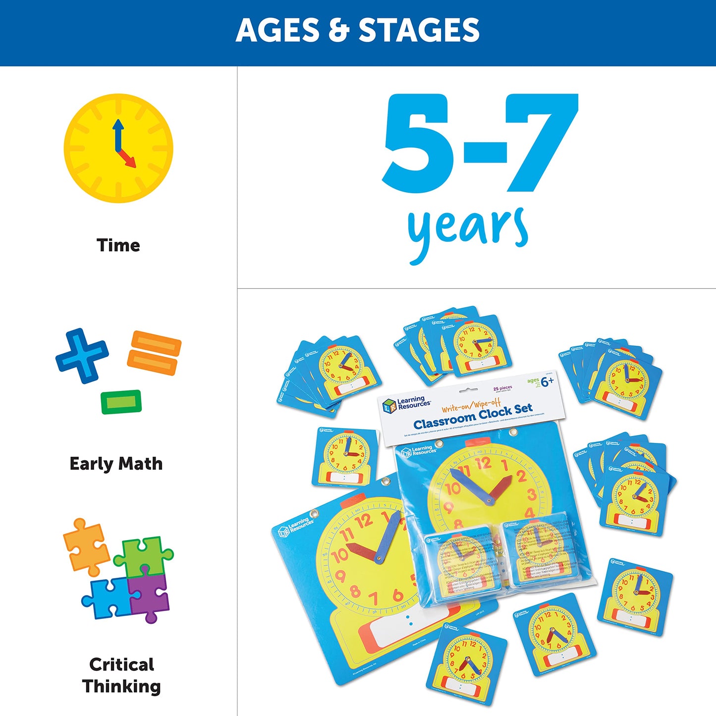 Learning Resources Write & Wipe Clocks Classroom Set - 25 Pieces, Ages 6+ Laminated Dry-Erase, Teaching Aids, Teacher Supplies, Learning Time,Back To School Supplies