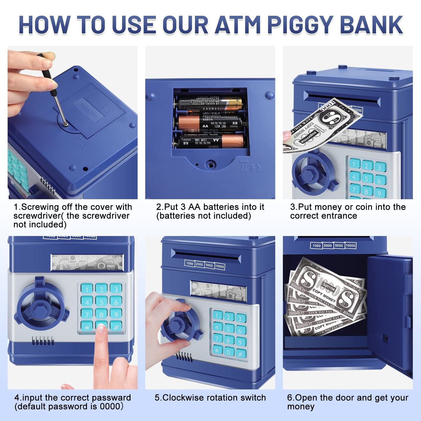 Gudoqi Password Piggy Bank, Digital Electronic Money Bank, Mini Atm Cash Coin Saving Can Toys, Birthday For Kids, Navy
