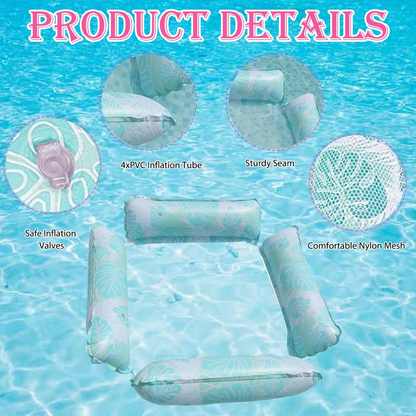 2 Pack Inflatable Pool Float Hammocks, 4-in-1 Multi-Purpose Inflatable Pool Floats Adults,4 Tubes Floating Mesh Chair for Summer