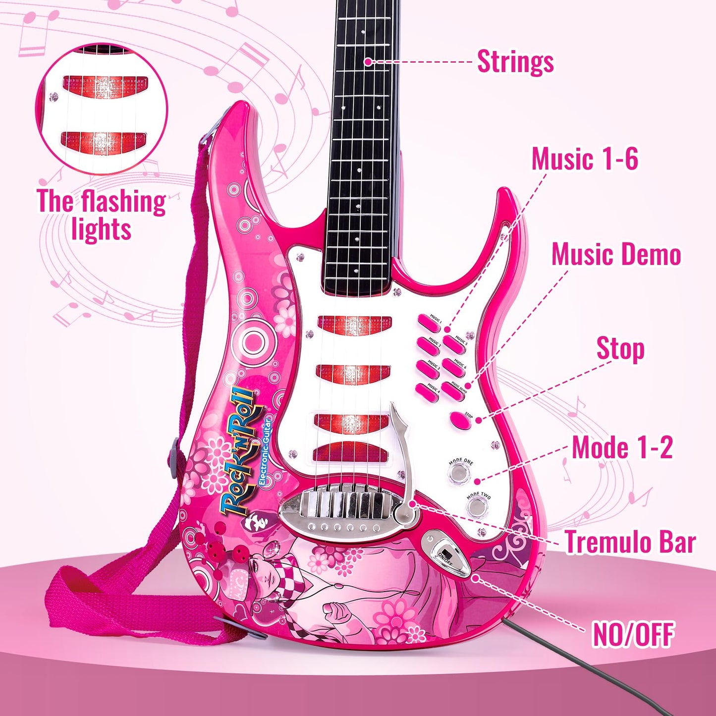Deao Musical Guitar Play Set,Djustable Height Microphone,Amplifier Set With Stand,Music Light Karaoke Music Toys Birthday For Kids Boys Girls