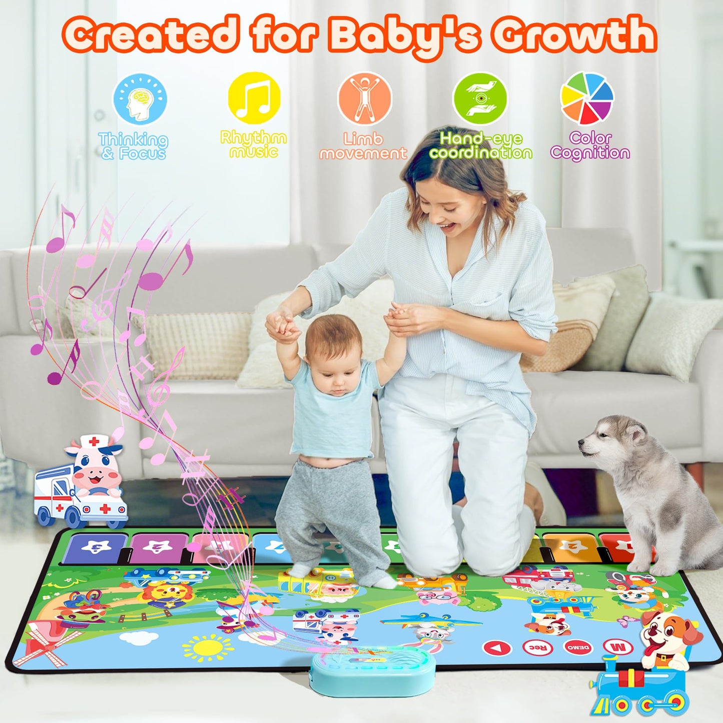 Momuse Piano Music Mat With 80 Sounds, Large Animal Car Touch Blanket Playmat Carpet Musical Toys For Toddlers 1-3, Portable Flo