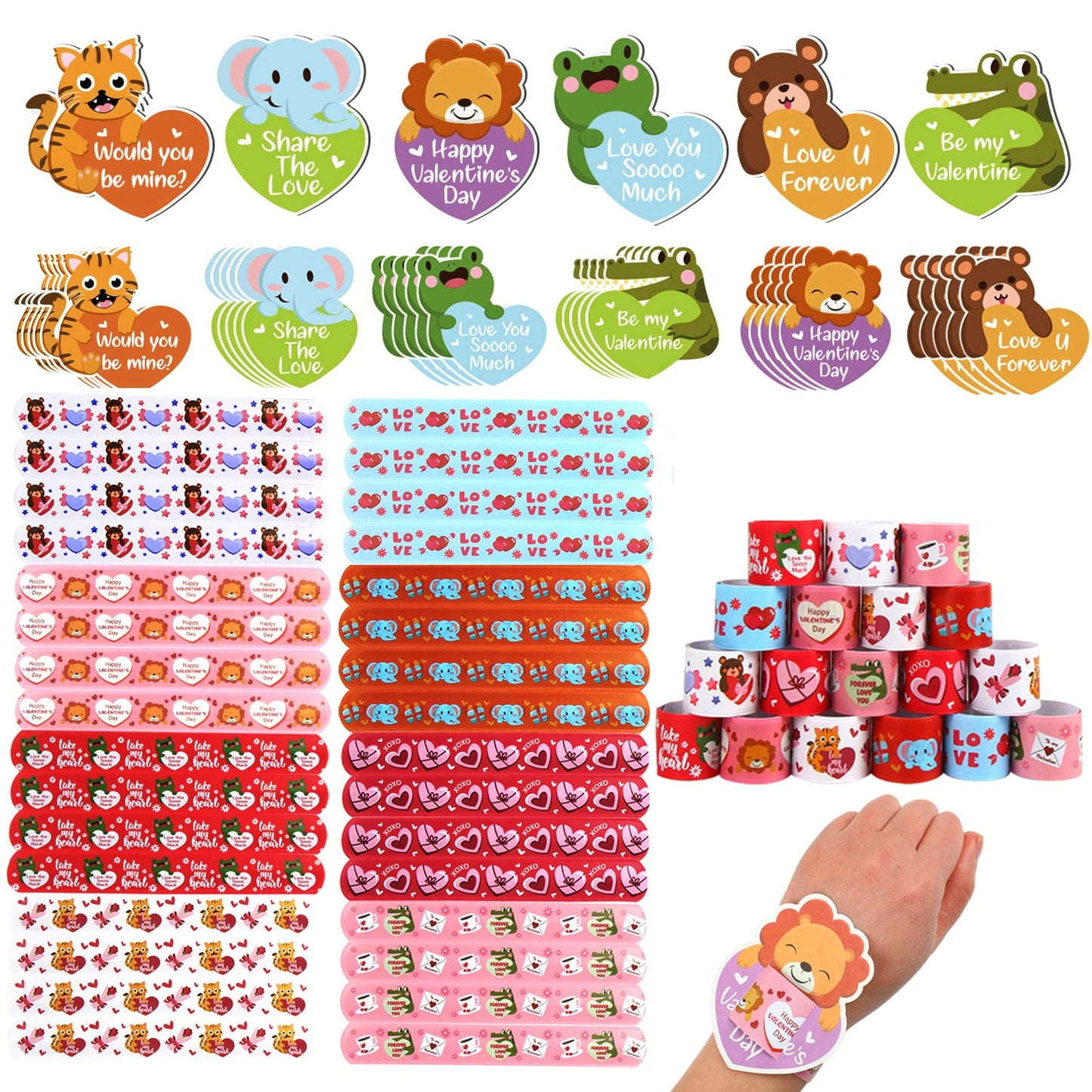 FOIMAS Valentine's Day Slap Bracelet Set,32pcs Animal Heart Snap Bracelet Wristband and 36pcs Gift Cards for Kids School Classro