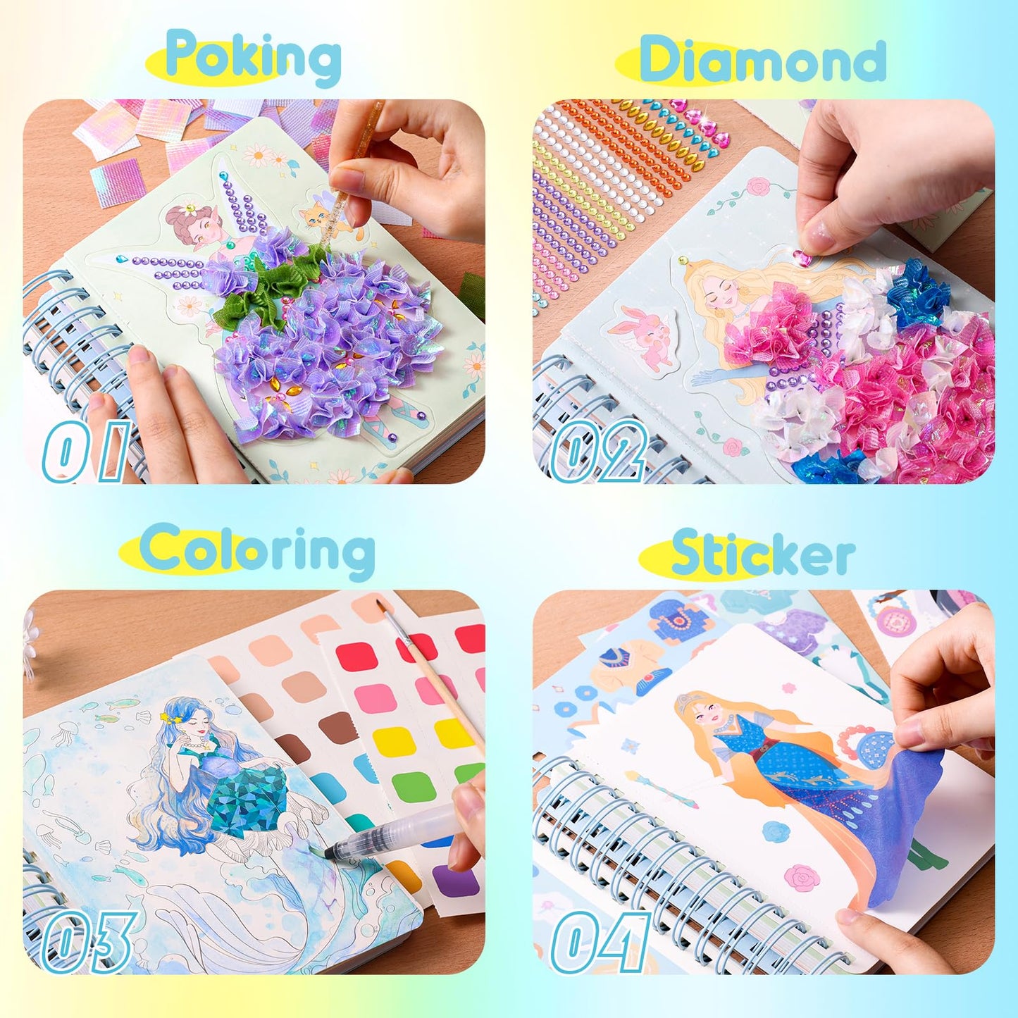 Magic 4 In 1 Poke In Art Kits For Girls, Pretty Princess Game With Princess Stickers, Watercolor Paint, Diamond Art Crafts For Kids Ages 4-8, Diy Activity Easter Gifts For 4 5 6 7 8+ Year Old Girls
