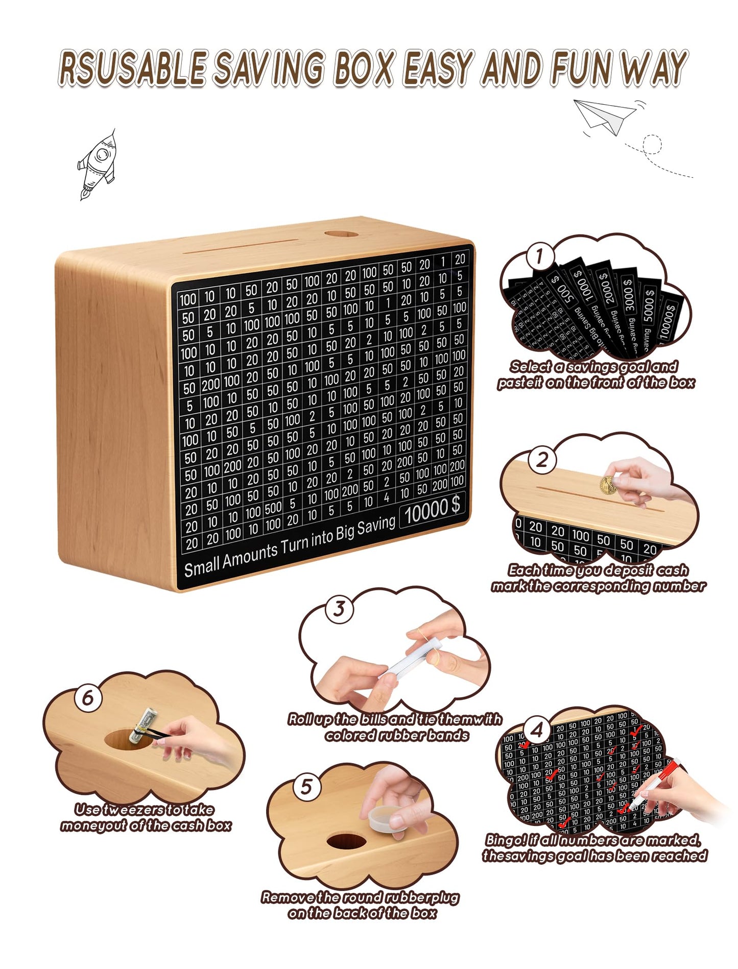 Large Money Saving Box,9.1 X 6.7 X 3.2 Inches,Wood Savings Challenge Box With 10 Targets $200 To $10000,Reusable Cash Savings Bo