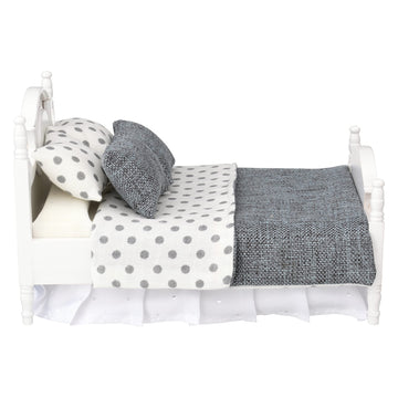 Dollhouse Furniture Mini Bed Set, Realistic Bedroom Accessories for 6 inch Dolls, Decorative Grey Bedspread & Pillows, White Woo