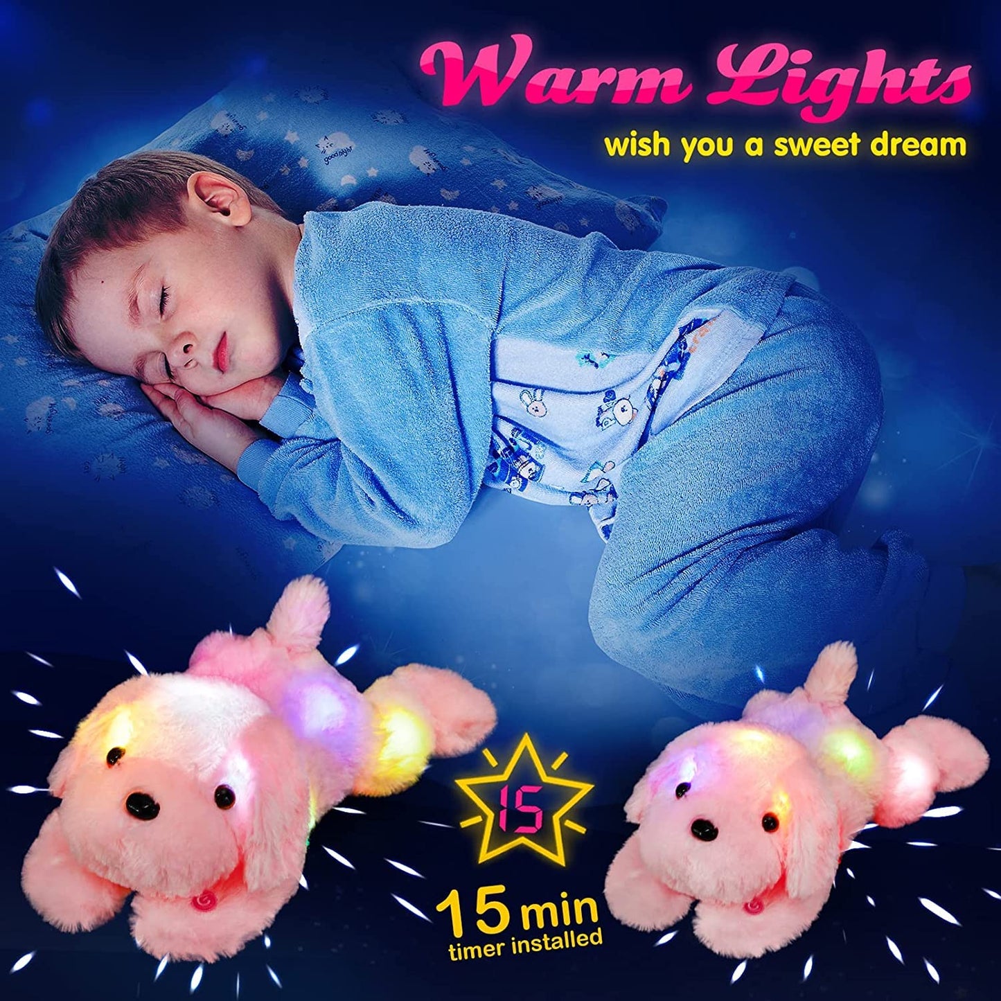 Wewill 18'' Light Up Pink Puppy Dog Led Stuffed Animal With Colorful Night Light Glow Soft Plush Toy Gifts For Kids On Christmas Birthday