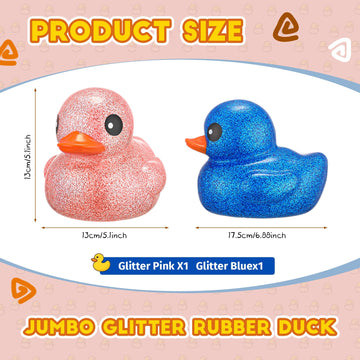 Honoson 2 Pcs 6.89 Inch Giant Glitter Rubber Ducks Big Sparkly Rubber Ducks Jumbo Bathtub Toys With Squeaky Sound For Baby Showe