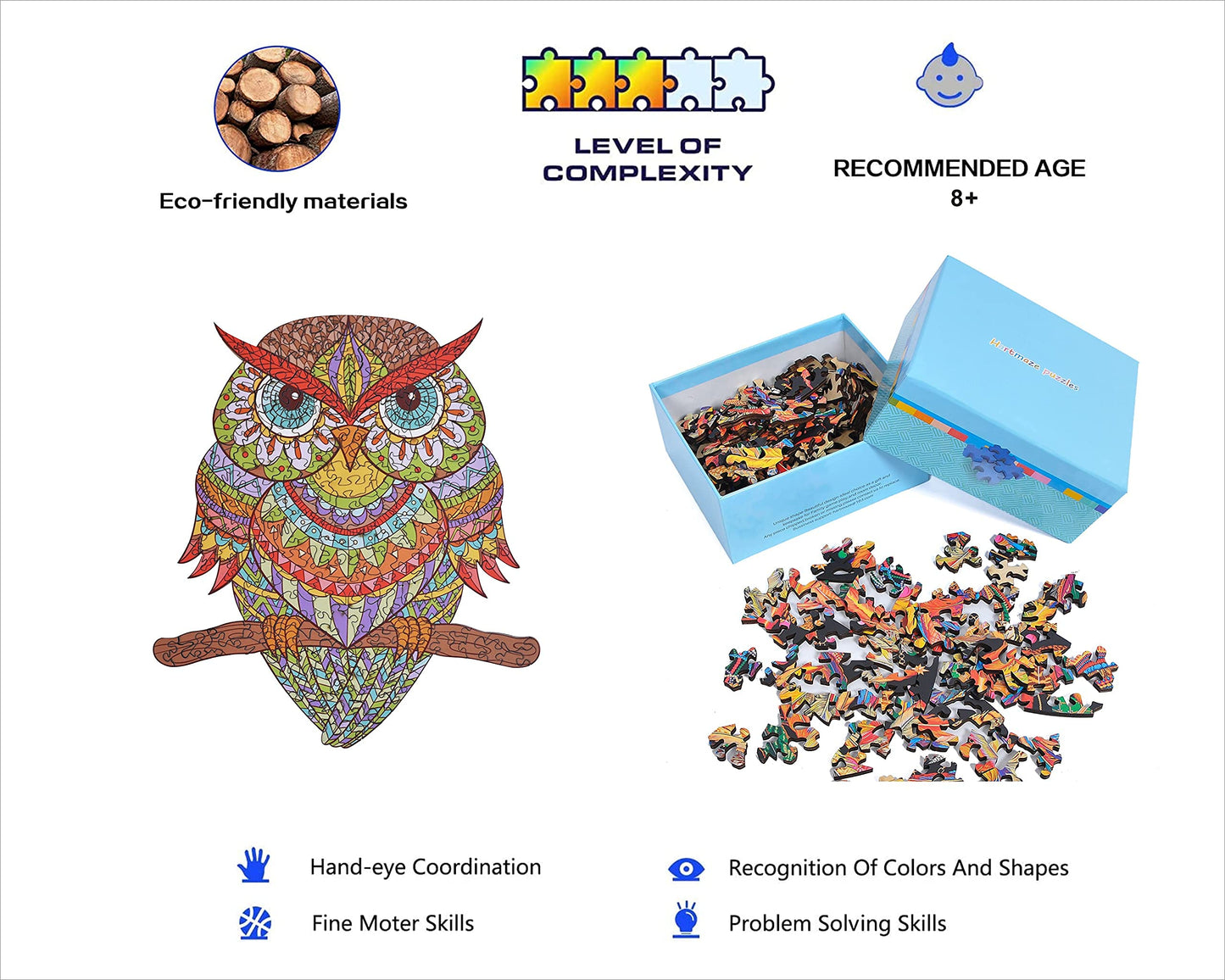 Hartmaze Wooden Jigsaw Puzzles Colorful Owl Hm-04 Small Bird Puzzle 206 Unique Shape Jigsaw Pieces-Beautiful Animal For Adults And 8 Years Age Up Teens- Best For Family Game Play Collection.