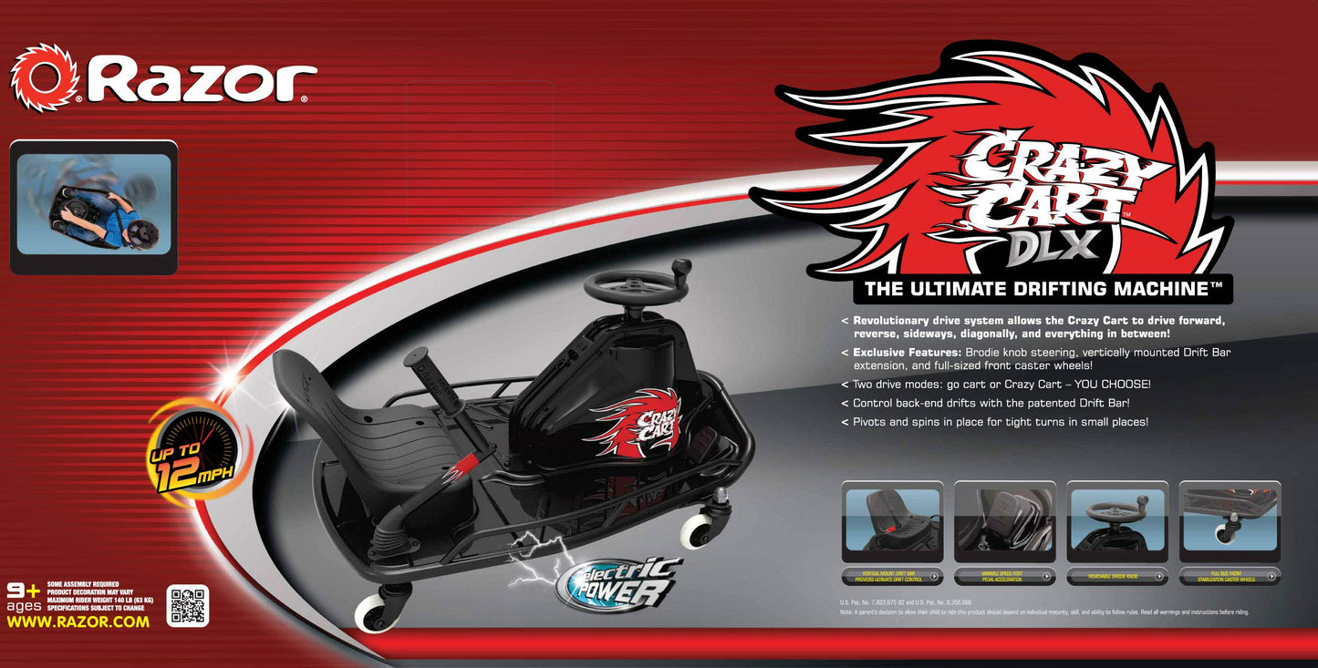 Razor Crazy Cart DLX - 24V Electric Drfting Go Kart - Enhanced Drift Bar Brodie Knob Steering Variable Speed Up to 12 mph Black/Red
