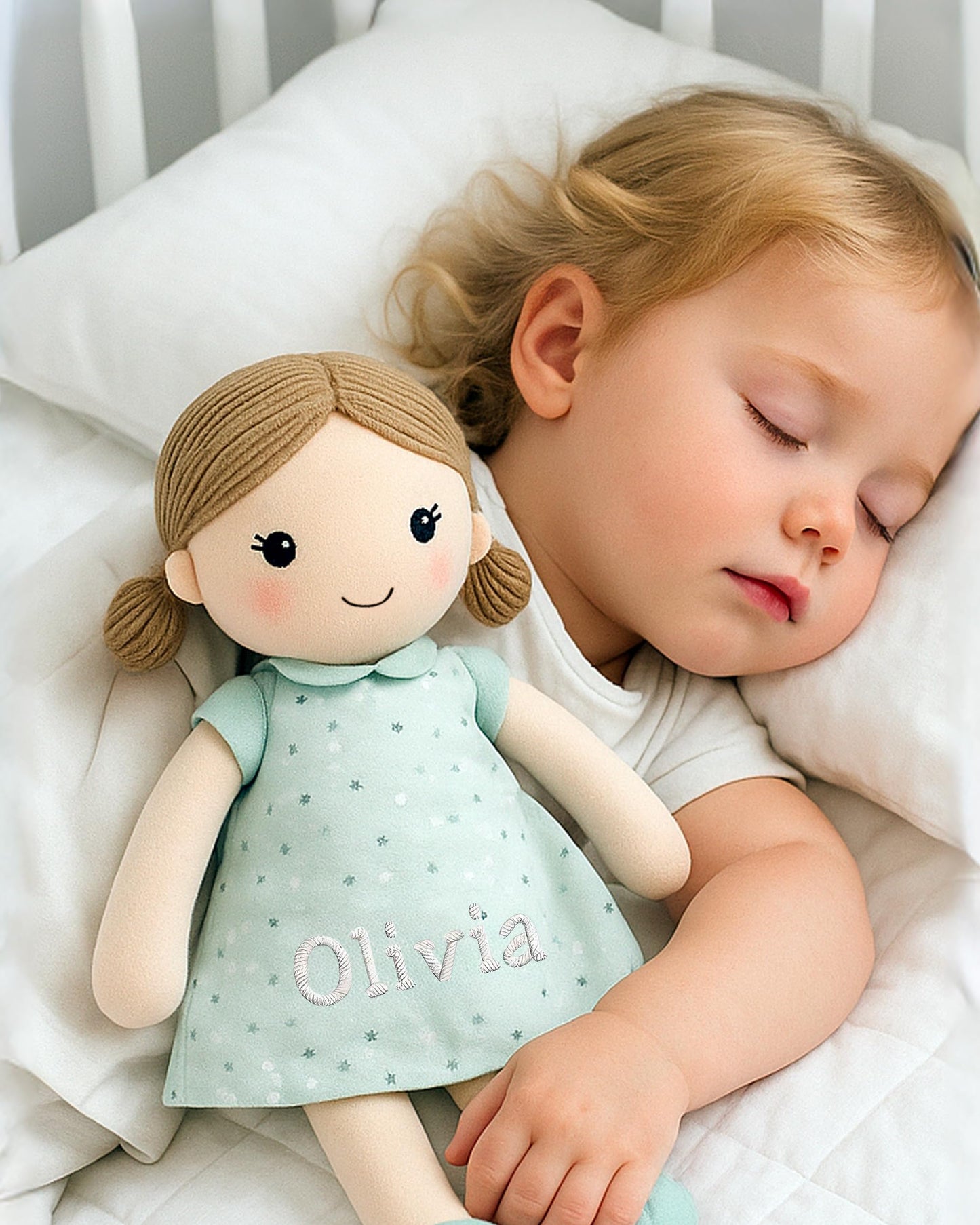 Linzy Personalized 15 Soft Plush Light Blue Emily Rag Doll with Embroidered Name - My First Rag Doll for Girls Mueca de Trapo Personalizada Customized Snuggle Toy for Kids