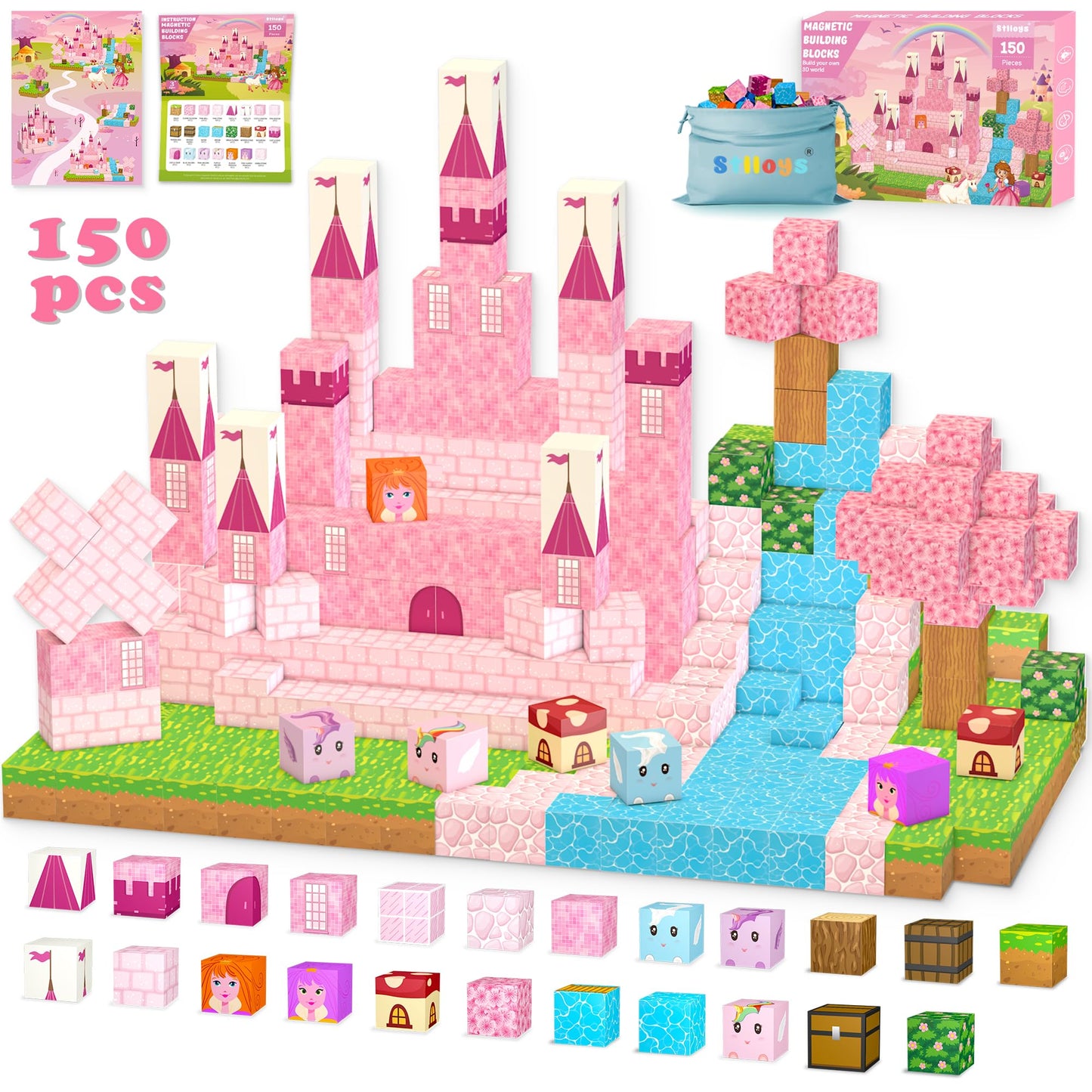 Stlloys 150Pcs Magnetic Blocks Princess Toys, Stem Magnetic Building Blocks Construction Toys For Kids Toddlers Boys Girls Ages