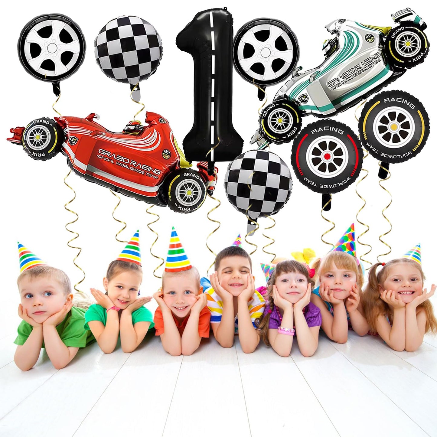 Number 1 Race Car Balloons, 43 Inch Race Car Party Decorations, Wheel Tire Balloons, Black And White Checkered Foil Balloons, Ca