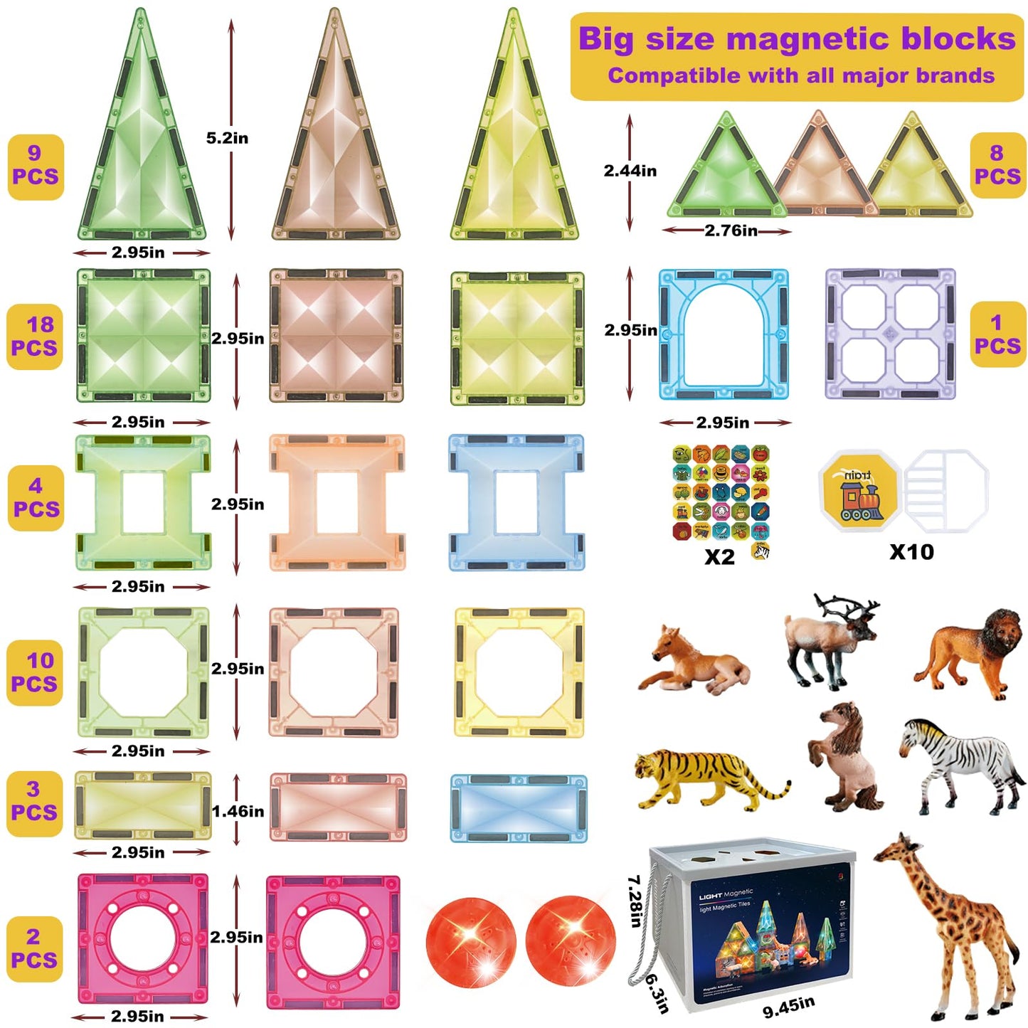 BUBUQE Magnetic Tiles 3D Magnet Building Block Toys Educational Stem Learning Toy with Farm Animal and Lighting Effect Construct