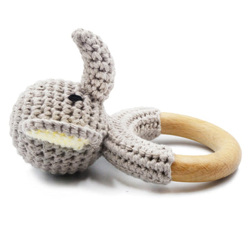 Joliecraft Safari Animals Wooden Baby Rattle Toys Stuffed Crochet Rattle With Teether Ring For Newborn, Gray Elephant