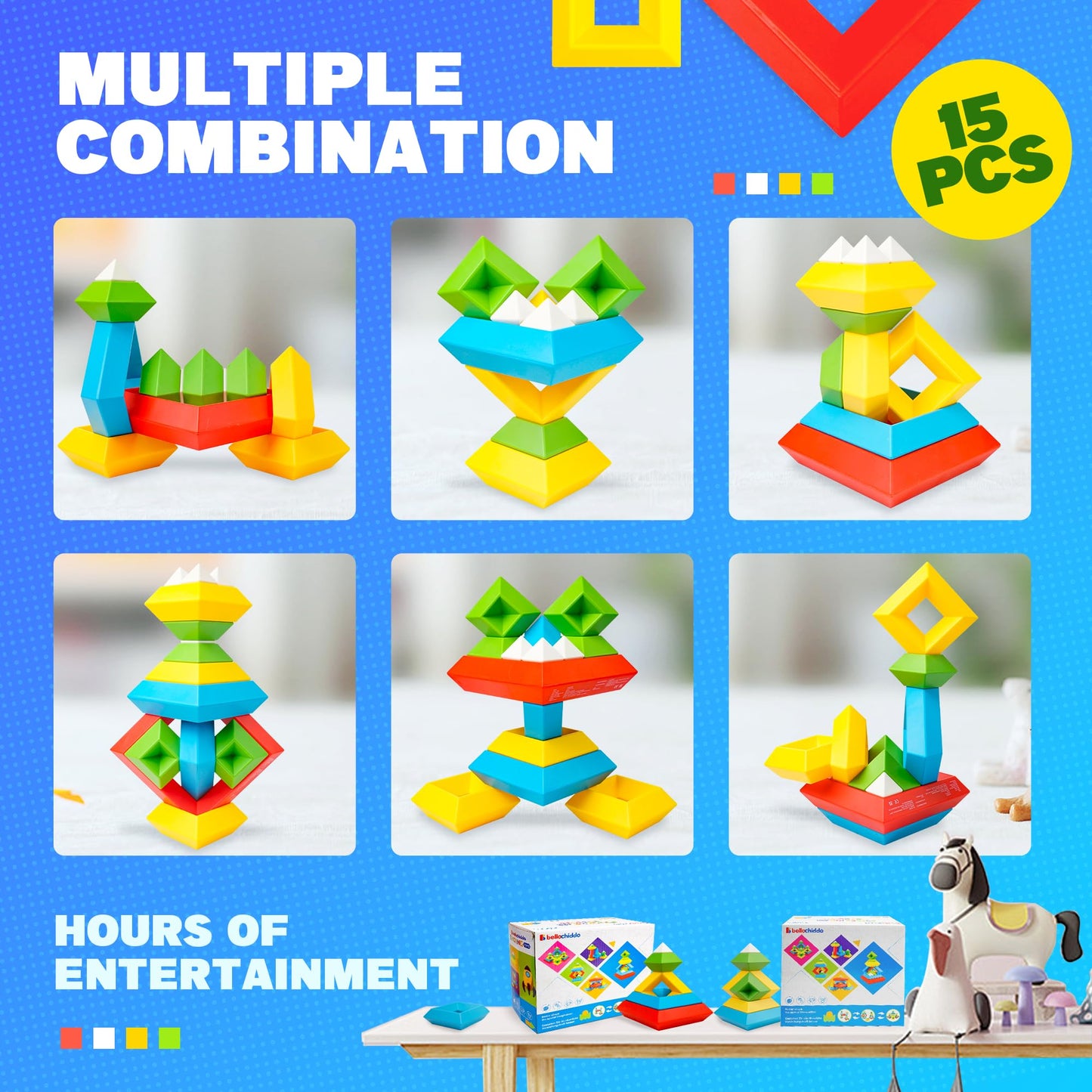 Bellochiddo Montessori Toys For 2 3 4 5 Year Old Boy Girl - Blocks For Toddlers 1-3,15 Pcs Stacking Building Blocks For Toddlers