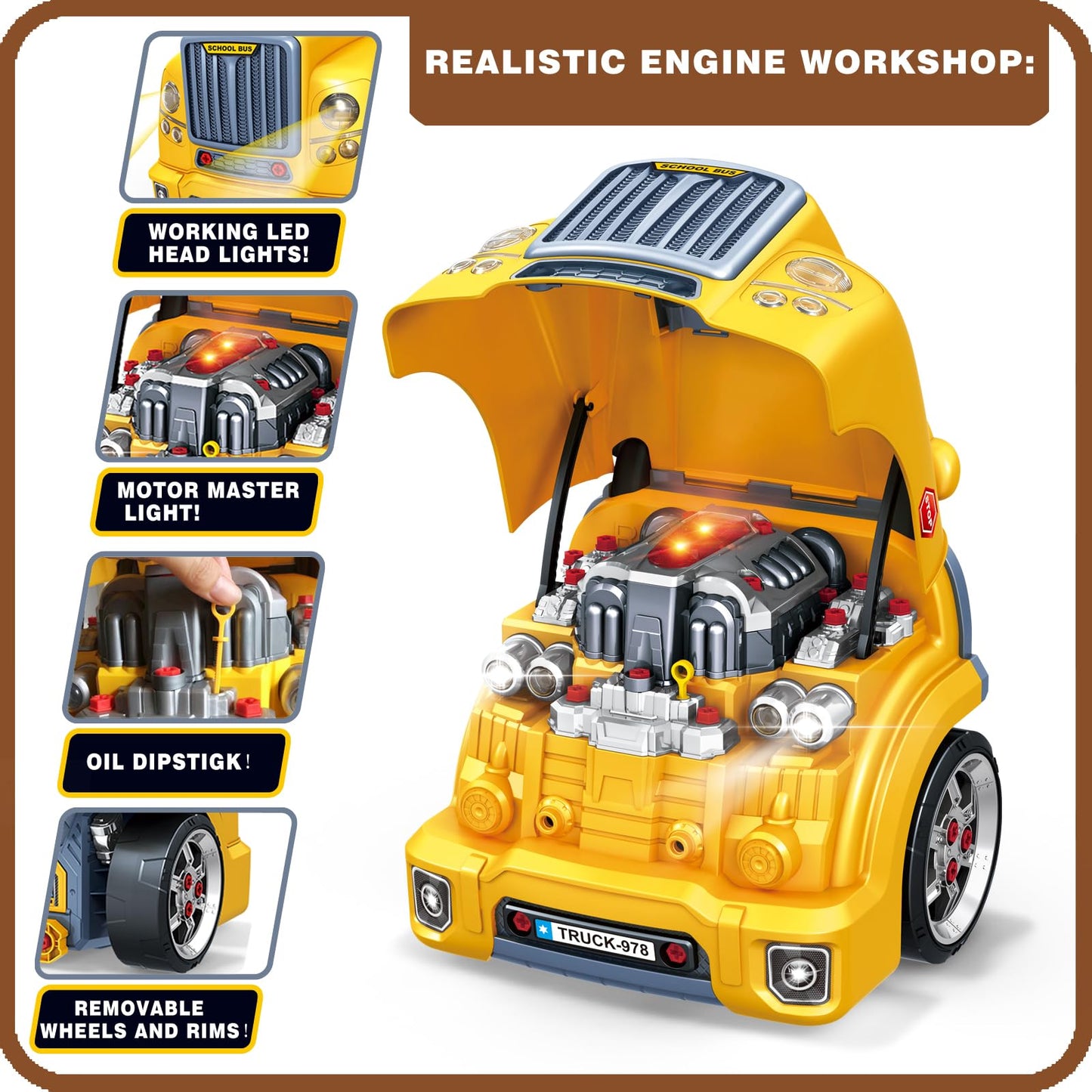 MUGEYMYD Large Truck Engine Toy for Kids 3-5, Take Apart Motor Vehicle Pretend Play Car with Light and Sound, Kids Mechanic Work