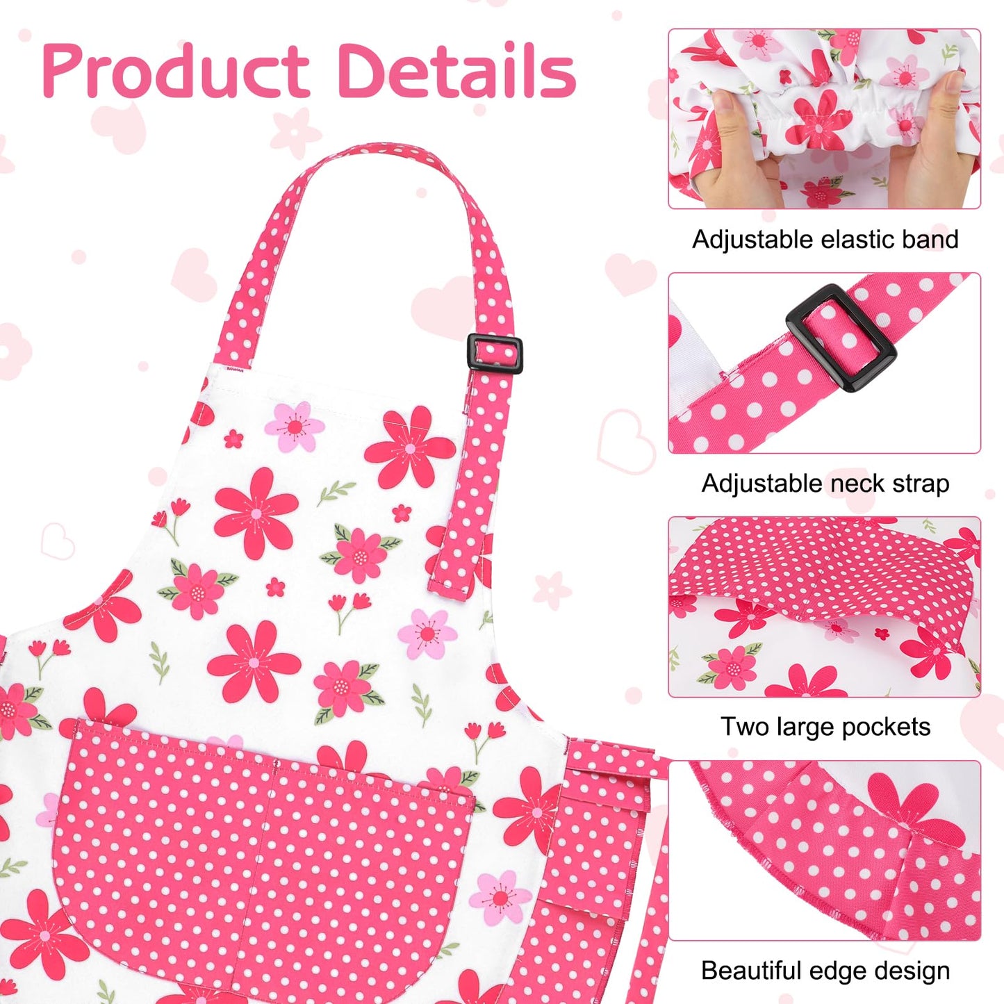 Kids Apron And Chef Hat Set, Cute Pink Flower Apron Adjustable Kids Aprons With 2 Pockets, Kids Cooking Aprons Artist Aprons Kit