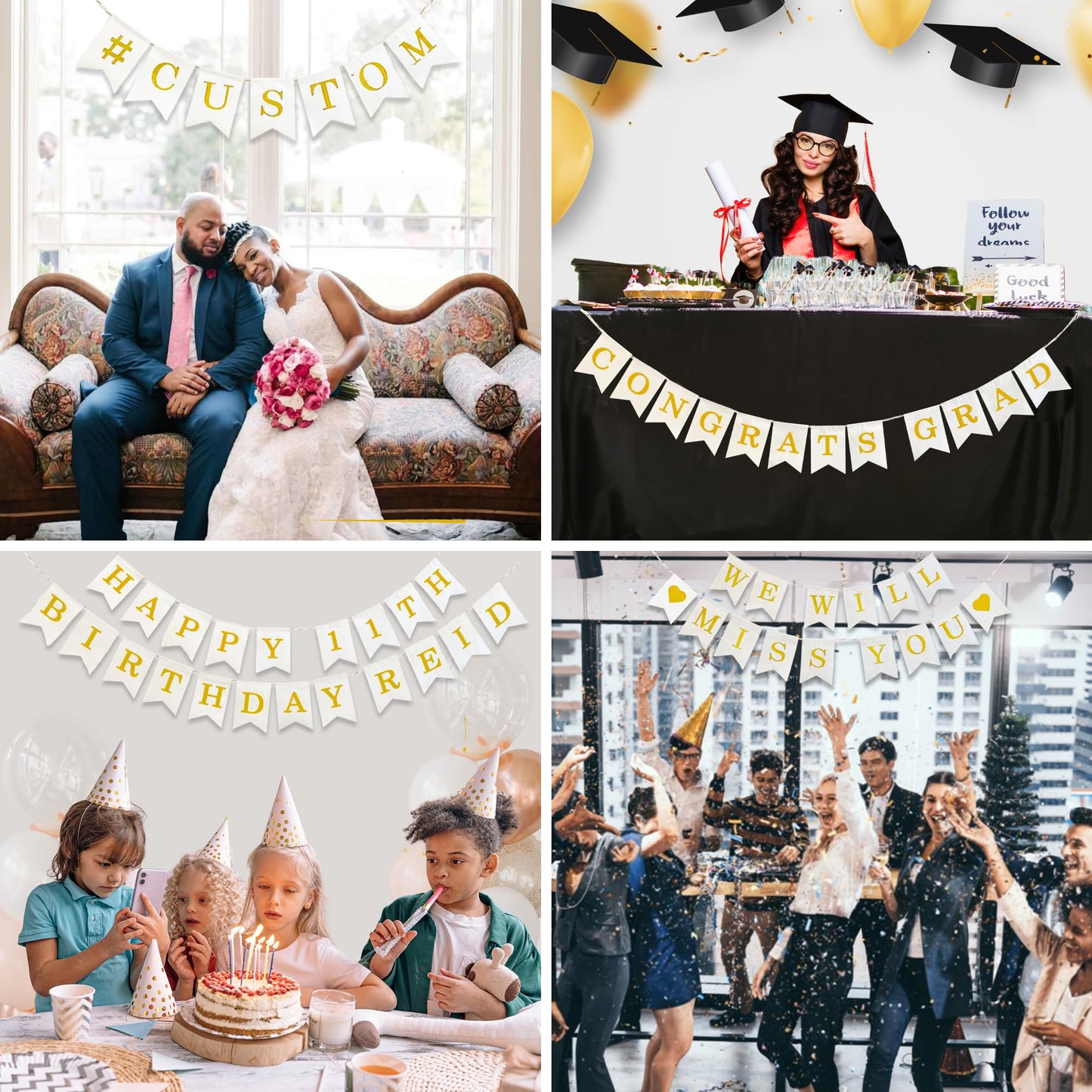 Custom Banner Kit, 97 White Cotton Canvas Flags With Gold Vinyl Printed Letters Numbers & Symbols, String & Needle, Diy Customiz