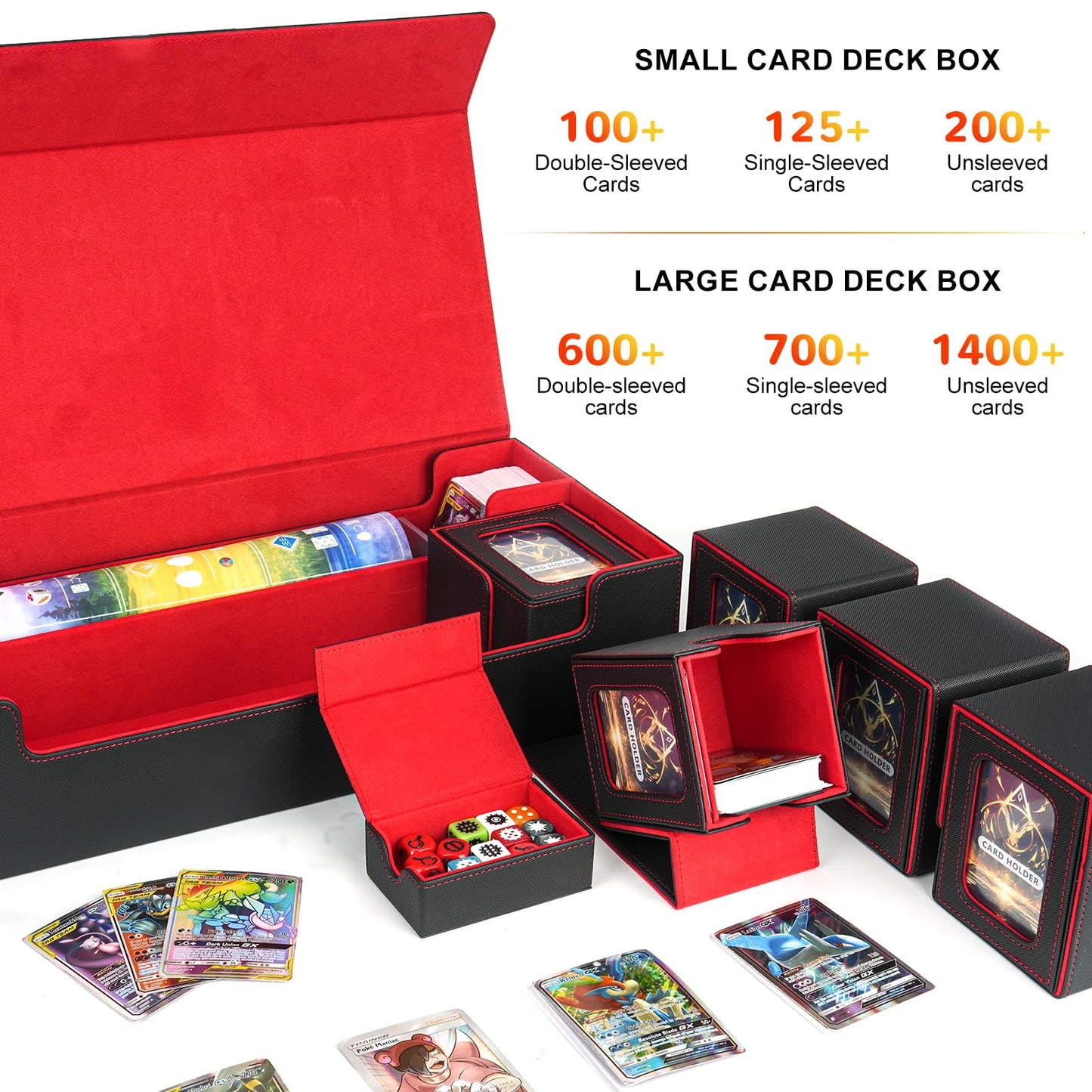 Jaffzora Card Deck Box for MTG Commander Large 6 in 1 Card Storage Display Case with 5PCS TCG Deck Boxes & Dice Tray Holds 2400+ Unsleeved Trading Cards (Black&Red Set)