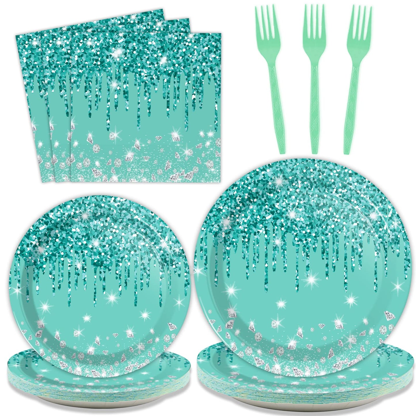 96 Pcs Teal And Silver Tableware Set For 24 Guests Happy Birthday Table Decorations Breakfast Blue Birthday Theme Dessert Plates Napkins Forks For Girls Women Silver Glitter Birthday Party Supplies