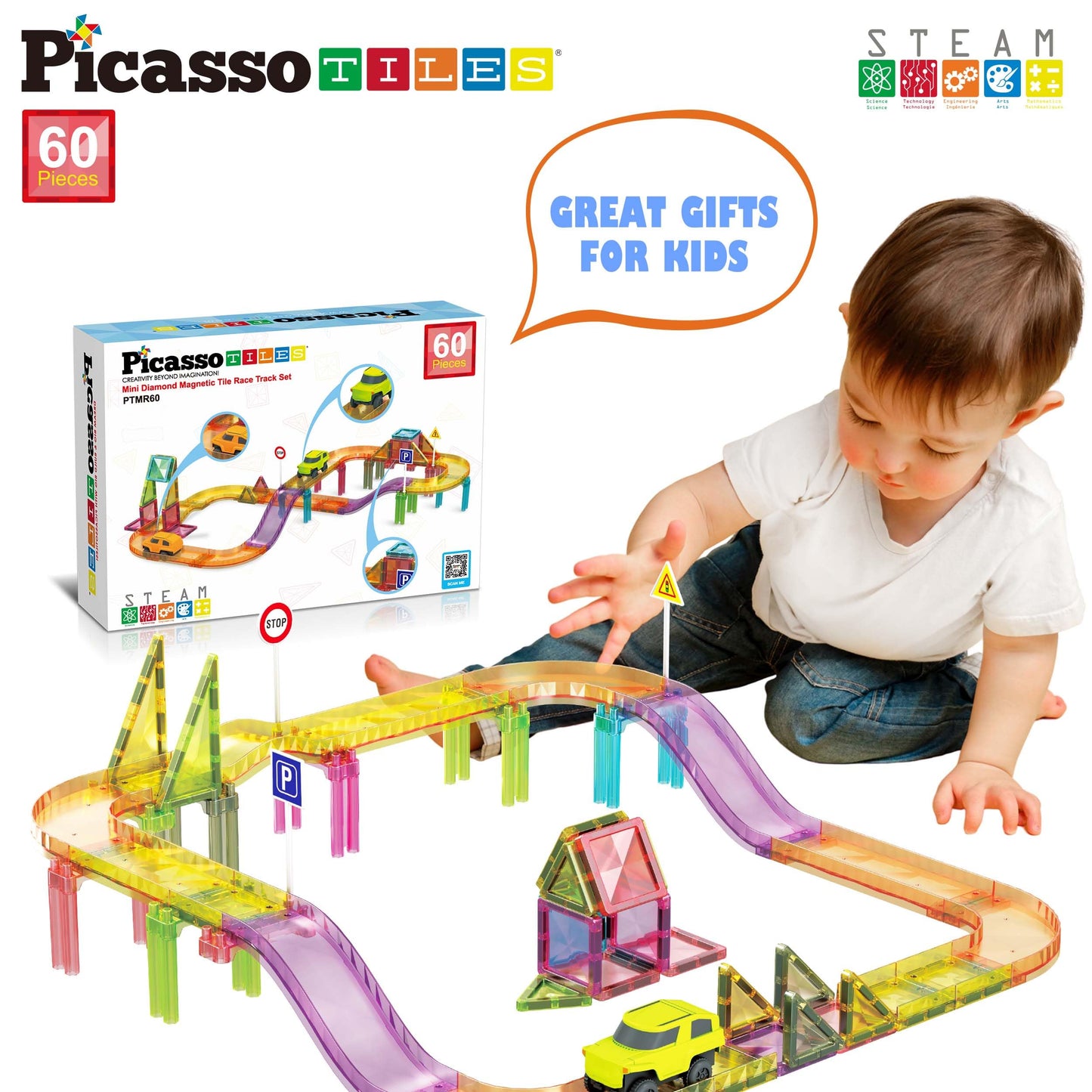 Picassotiles 60Pc Race Car Track Magnetic Tiles Travel Toy Sensory Magnet Tile Toys For Toddlers Stem Educational Learning Presc