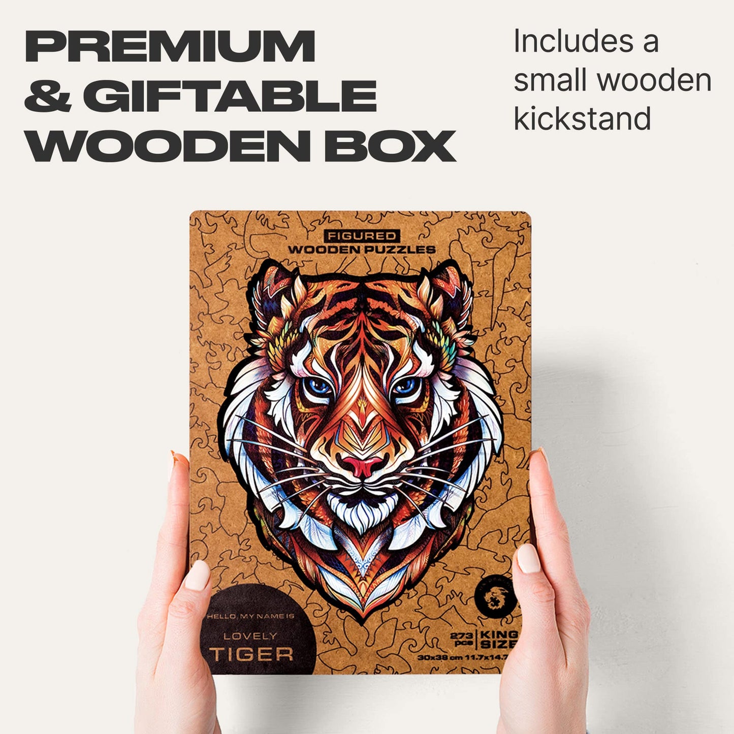 Unidragon Original Wooden Jigsaw Puzzles - Lovely Tiger, 273 Pieces, King Size 11.7''X14.7'', Beautiful Gift Package, Unique Sha