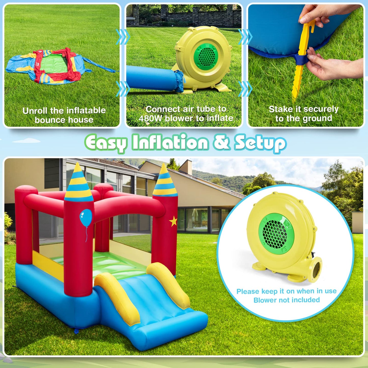Honey Joy Inflatable Bounce House, Jumping Castle With Slide, Oxford Carrying Bag, Basketball Rim, Air Bouncer For Kids Indoor O