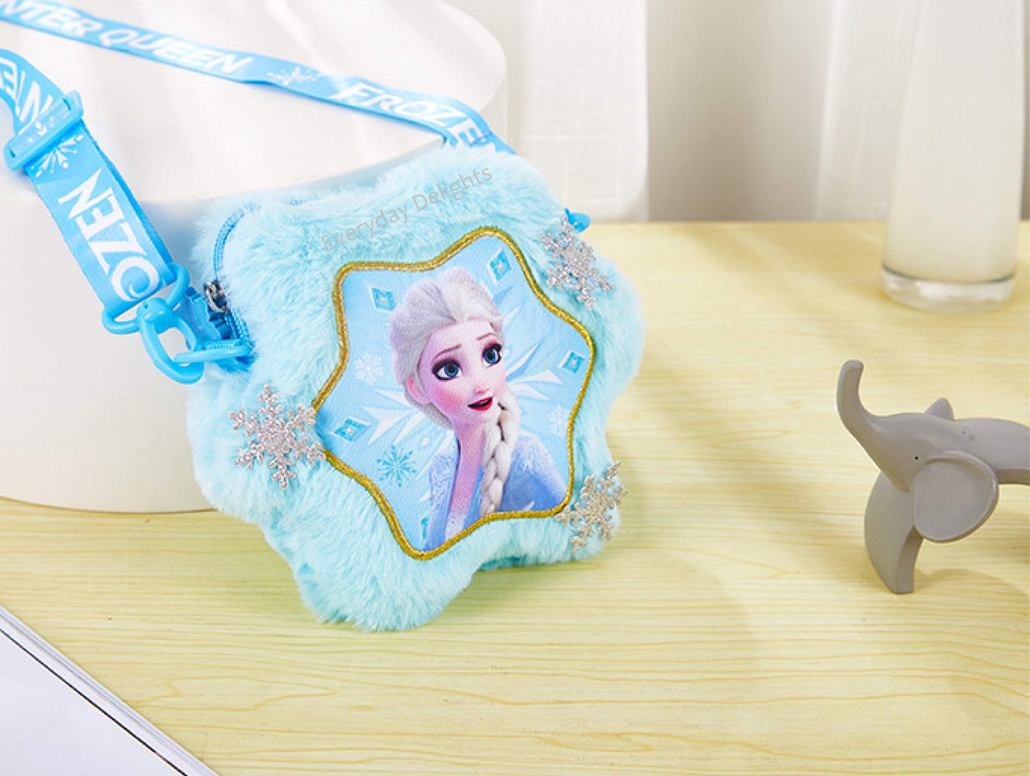 Frozen Elsa Plush Crossbody Shoulder Handbag in Snowflake Shape for Girls Kids Children - Blue