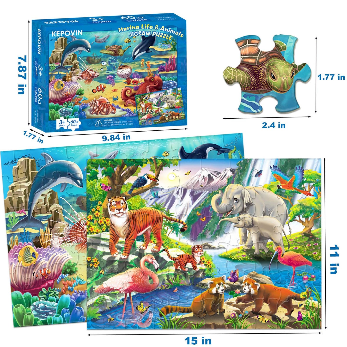 Puzzles For Kids Ages 4-6-8, 2 Packs 60 Pieces Floor Jigsaw Puzzle For Kids 6-8-10 Year Old, Wildlife & Ocean Animals Learning E