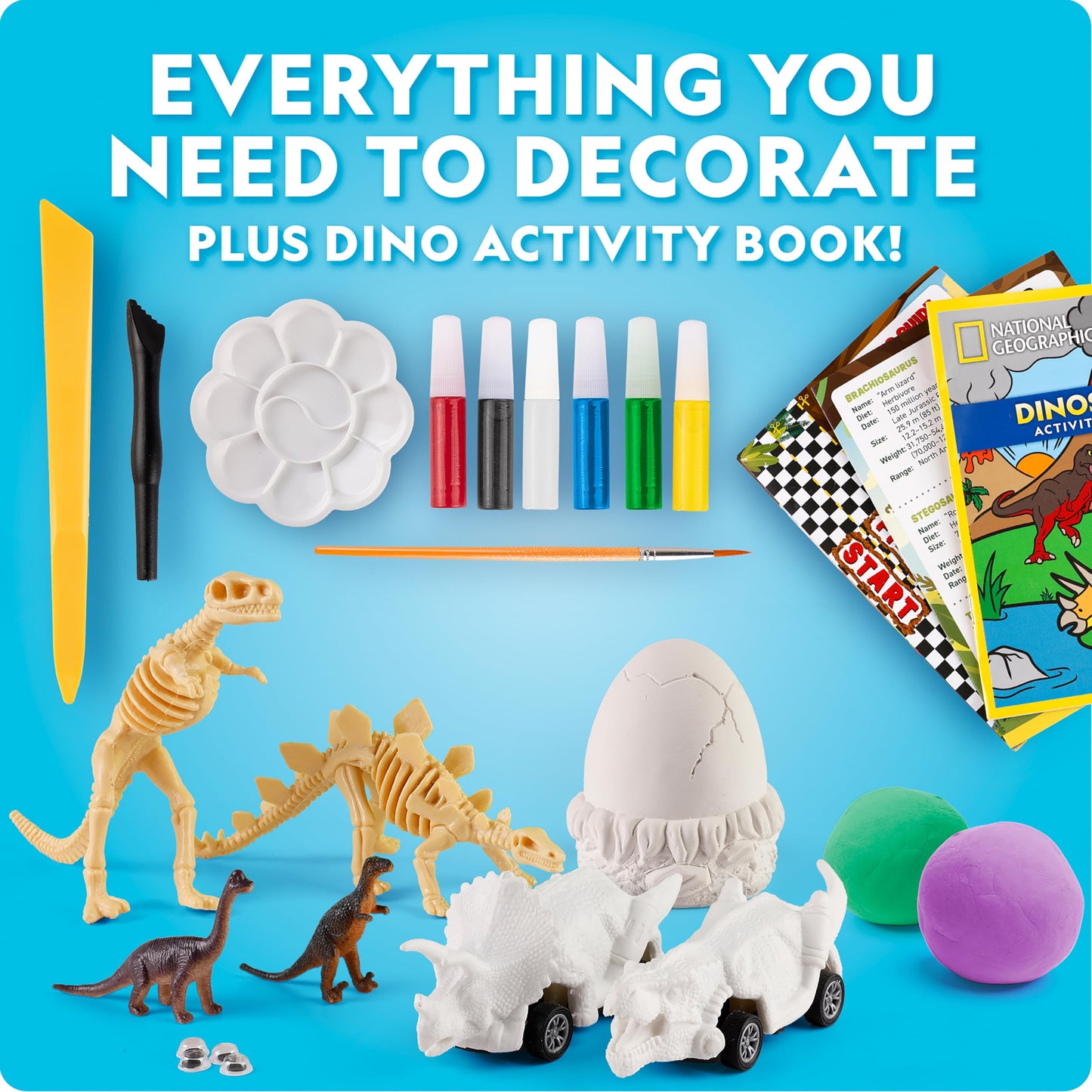 National Geographic Giant Dinosaur Egg Activity Kit - 15+ Dino Crafts, Painting Cars, Clay Models, Dig Brick, Stickers & Learnin