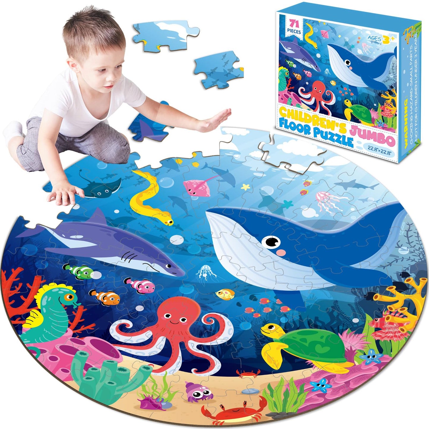 22.8 Inch Jumbo Floor Puzzle For Kids Under The Sea Large Floor Puzzle Underwater World Round Puzzles For Valentines Toddler Chi