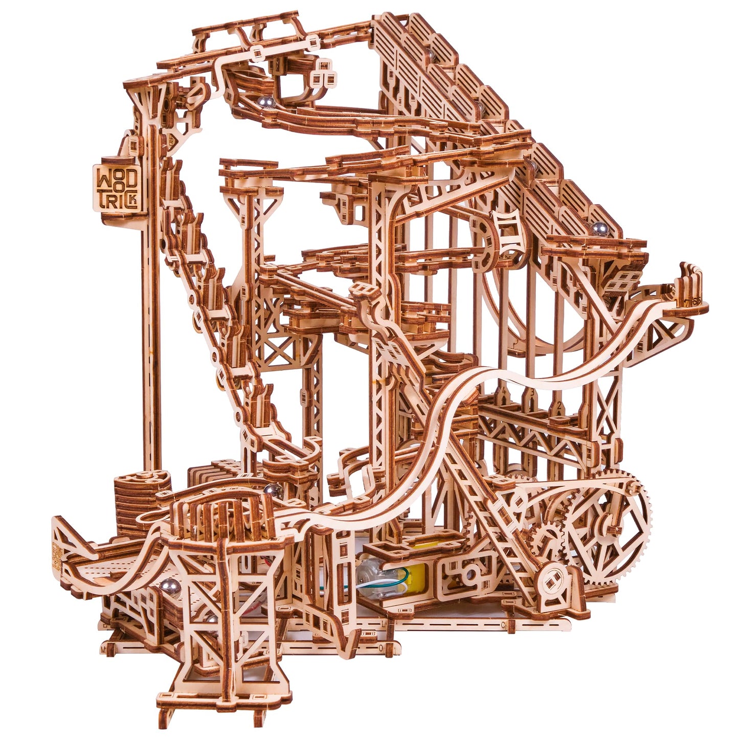 Wood Trick Wooden Marble Run Spiral Electric Motorized - Wooden 3D Puzzles For Adults And Kids To Build - 13X13 - Roller Coaster Mechanical Wooden Model Kits For Adults And Teens To Build