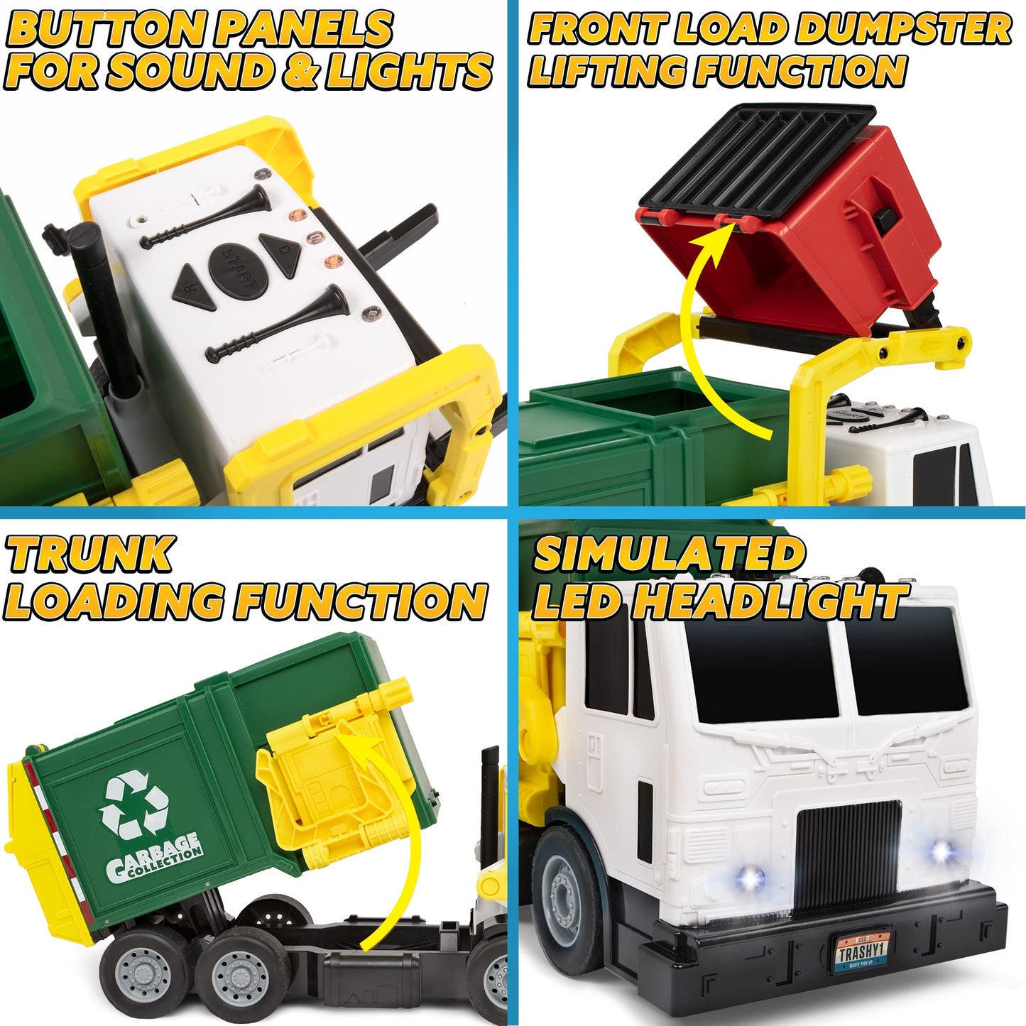 JOYIN Large Friction Powered Garbage Truck Toy Set, Includes Dumpster, Trash Bins, and Learning Cards for Kids