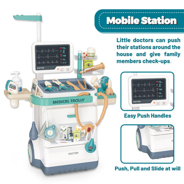 Deluxe Doctor Kit for Toddlers, Pretend Medical Station Set for Boys & Girls, 28 Accessories,Mobile Cart with Lights, Includes D