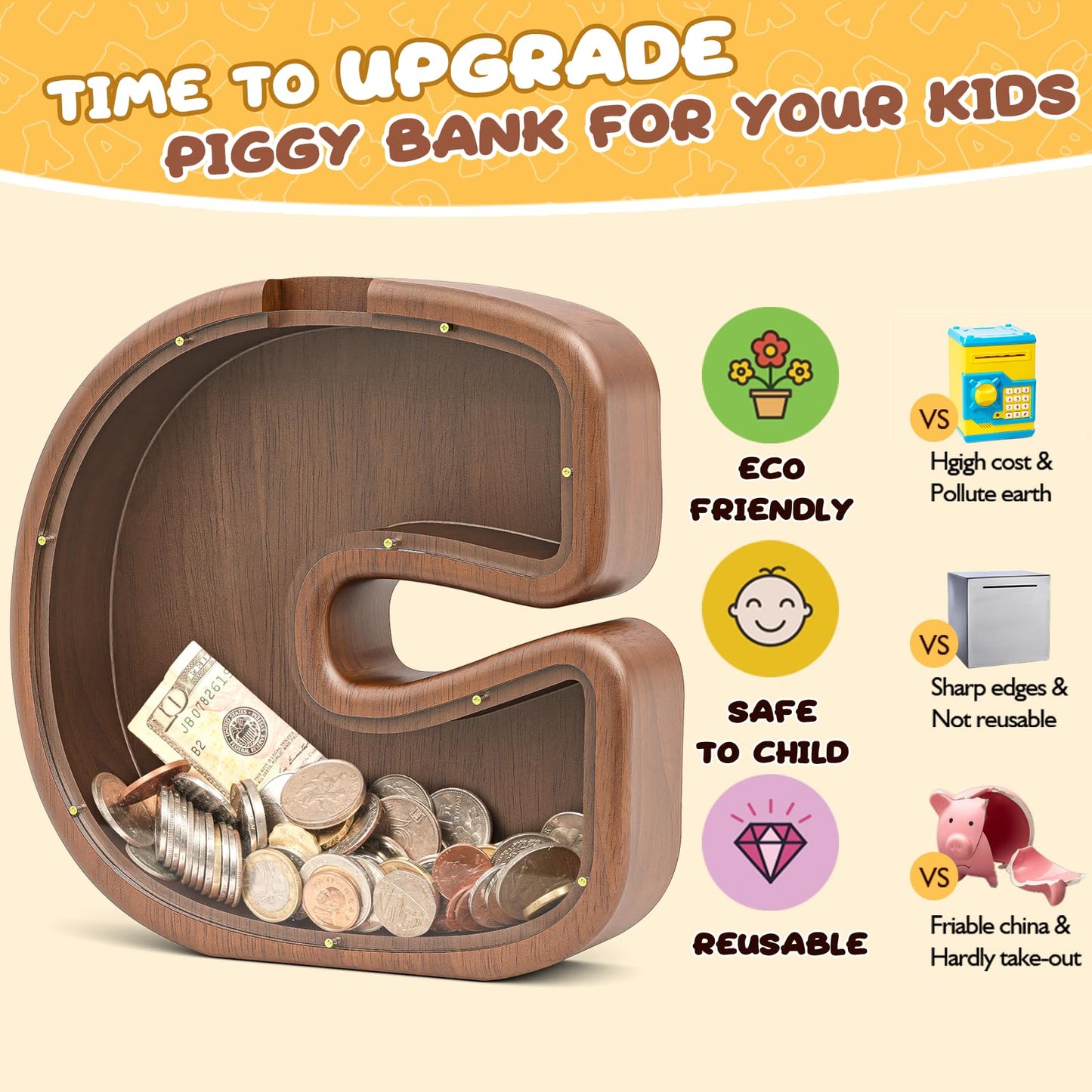 Piggy Bank for Kids Girls Boys Summidate Wooden Letter Piggy Bank for Family, Sturdy Coin Banks for Baby, Personalized Cute Init