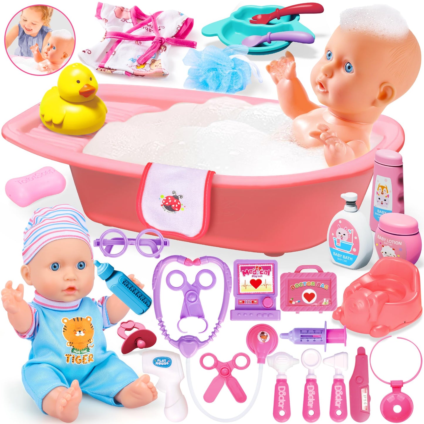 Proou Baby Doll Care Toys, 30Pcs Baby Doll Bath Set & Doctor Kit, Pretend Play Baby Doll Set, Incl Bathtub, Bathrobe, Ecg, Thermometer, Toddlers Toys Gifts For Age 3 4 5 6 Year Old Girls