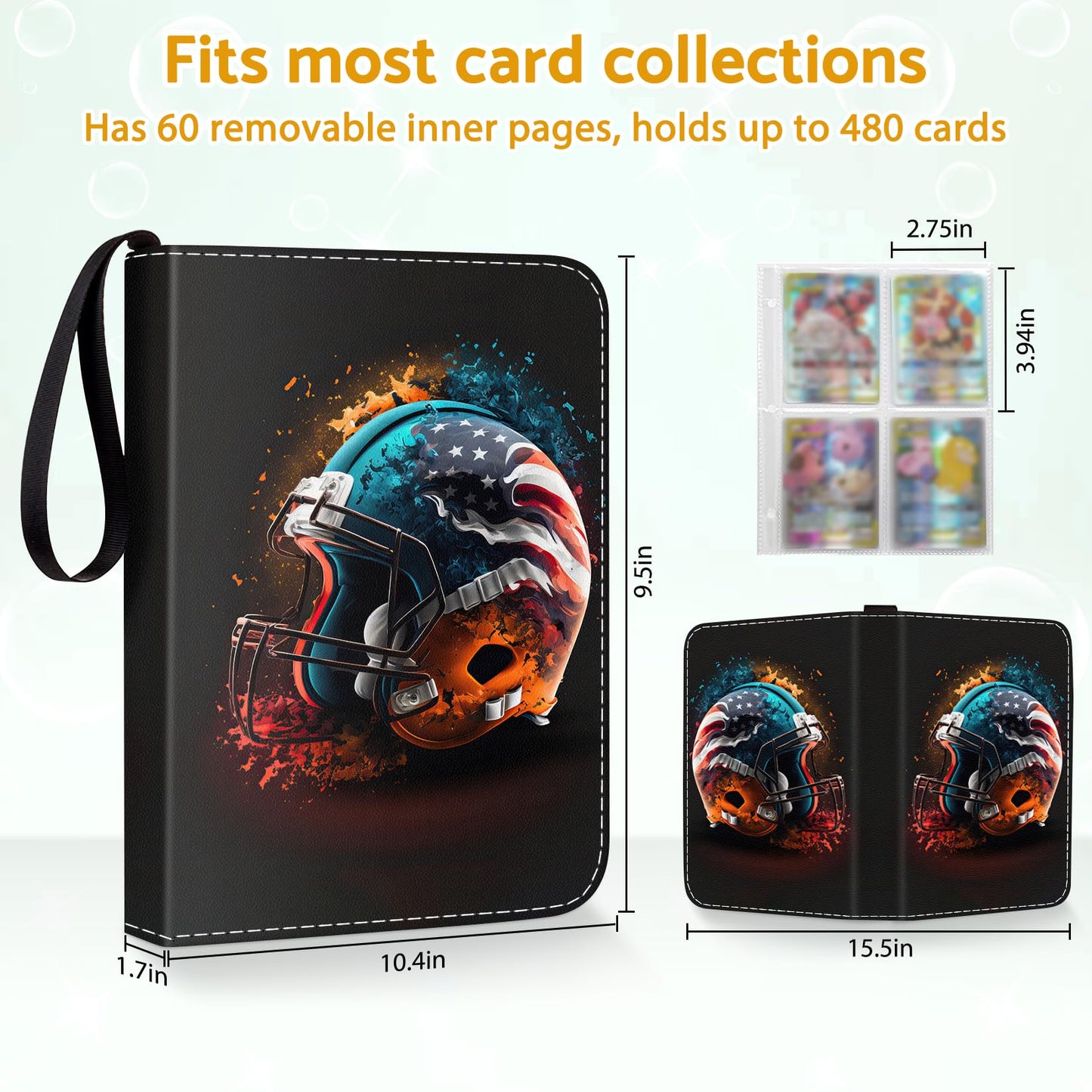 Bebomne Football Card Binder Holder 480 Pockets with 60 Removable Sleeves Portable Sports Trading Standard Sized Cards Binder Album Collector Organizer Protectors with Zipper Waterproof