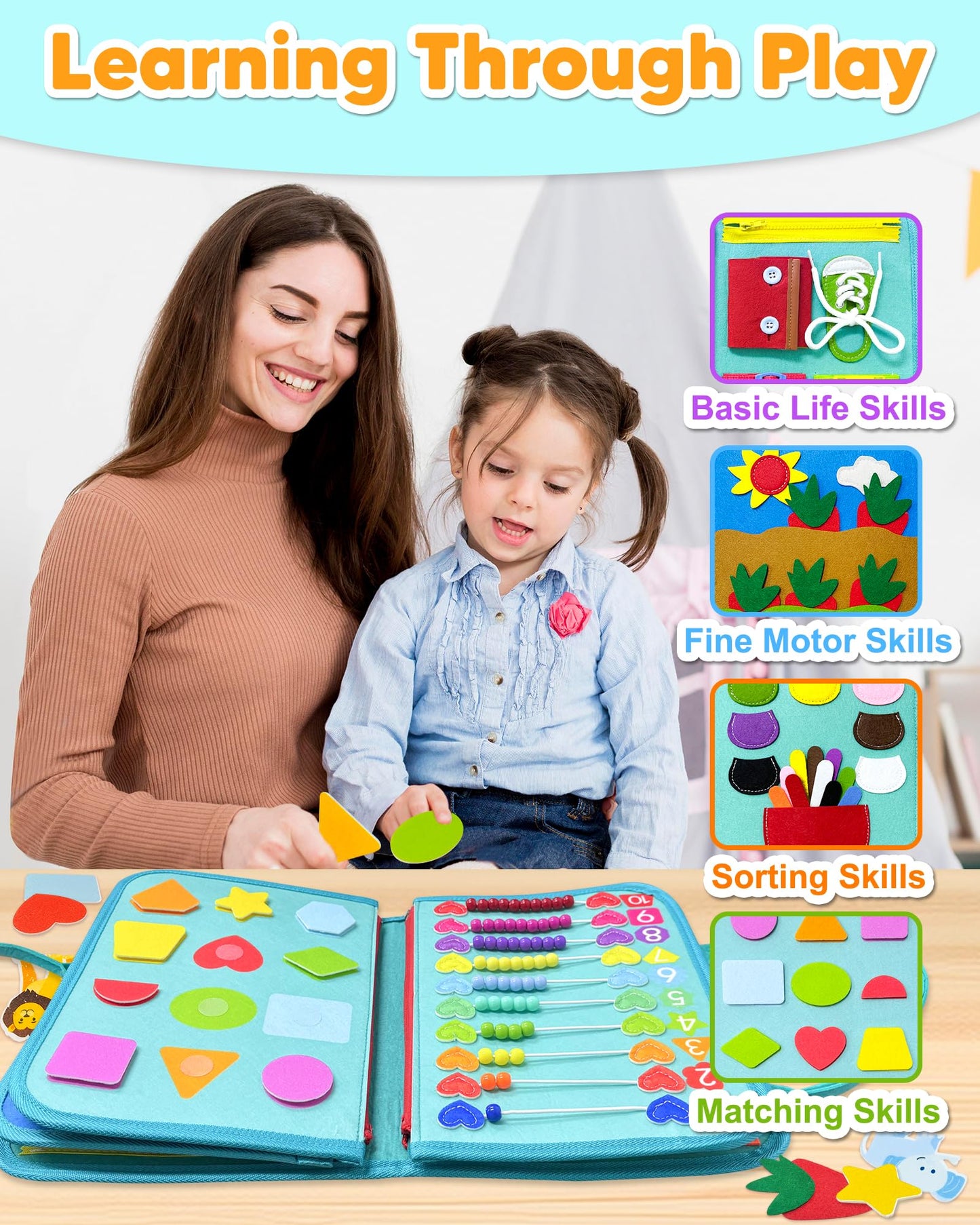 Exorany Busy Board Montessori Toys For 1 2 3 4 Year Old Boy Girl Birthday Gifts, Busy Book Sensory Learning Toys For Toddlers 1-