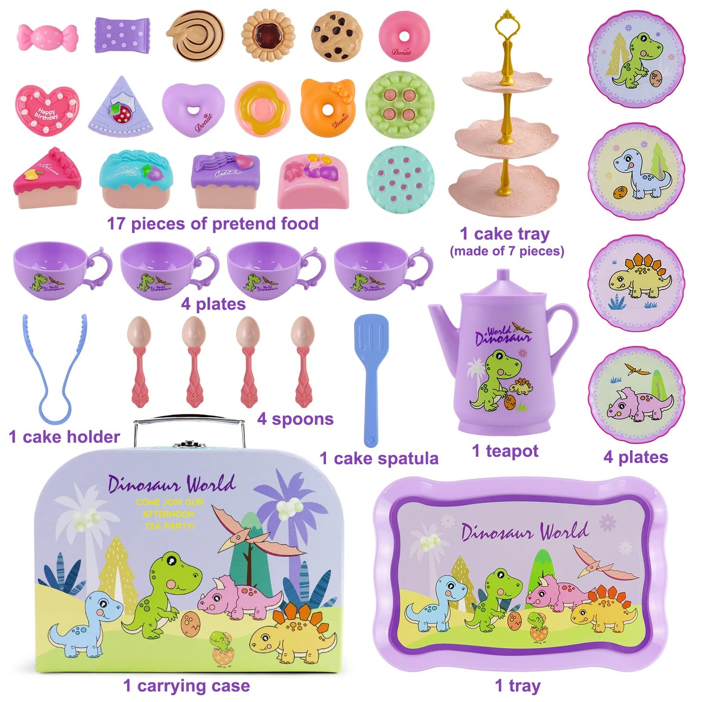 Motiloo 41 Pcs Dinosaurs Kids Tea Party Set with Carrying Case & Sweet Treats Playset - Pretend Toy Tin Tea Set for Little Girls
