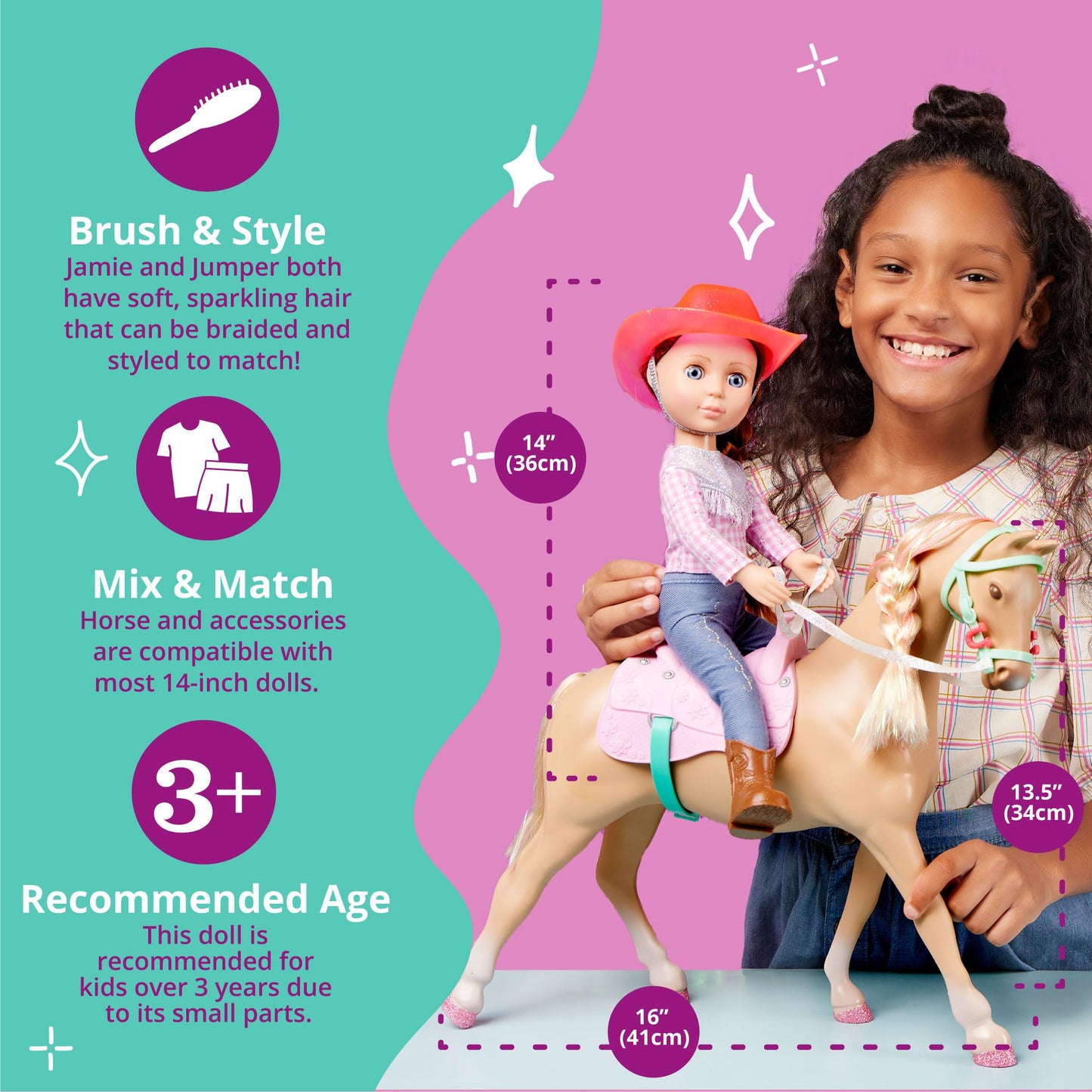 Glitter Girls 14 Jaime Doll with Jumper Horse - Equestrian Doll in Pink Outfit & Tan Horse with Saddle for Girls 3+ Years Old