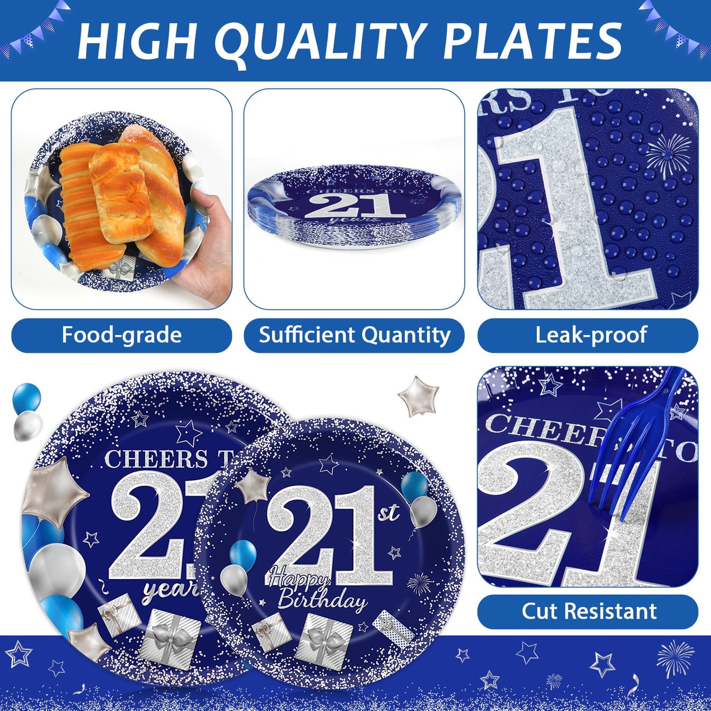 Gisgfim 96 Pcs 21St Birthday Plates And Napkins Party Supplies Cheers To 21 Years Tableware Set Blue Silver 21St Birthday Dinner