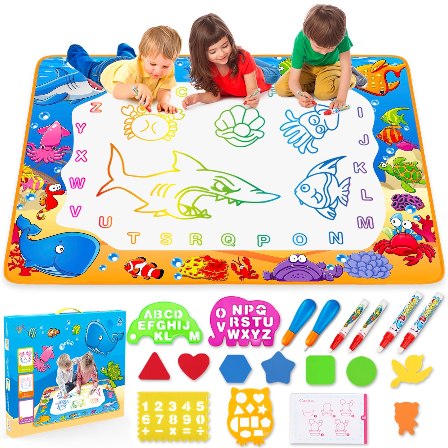 Water Doodle Mat - Kids Painting Writing Color Doodle Drawing Mat Toy Bring Magic Pens Educational Toys For Age 2 3 4 5 6 7 Year Old Girls Boys Age Toddler Gift
